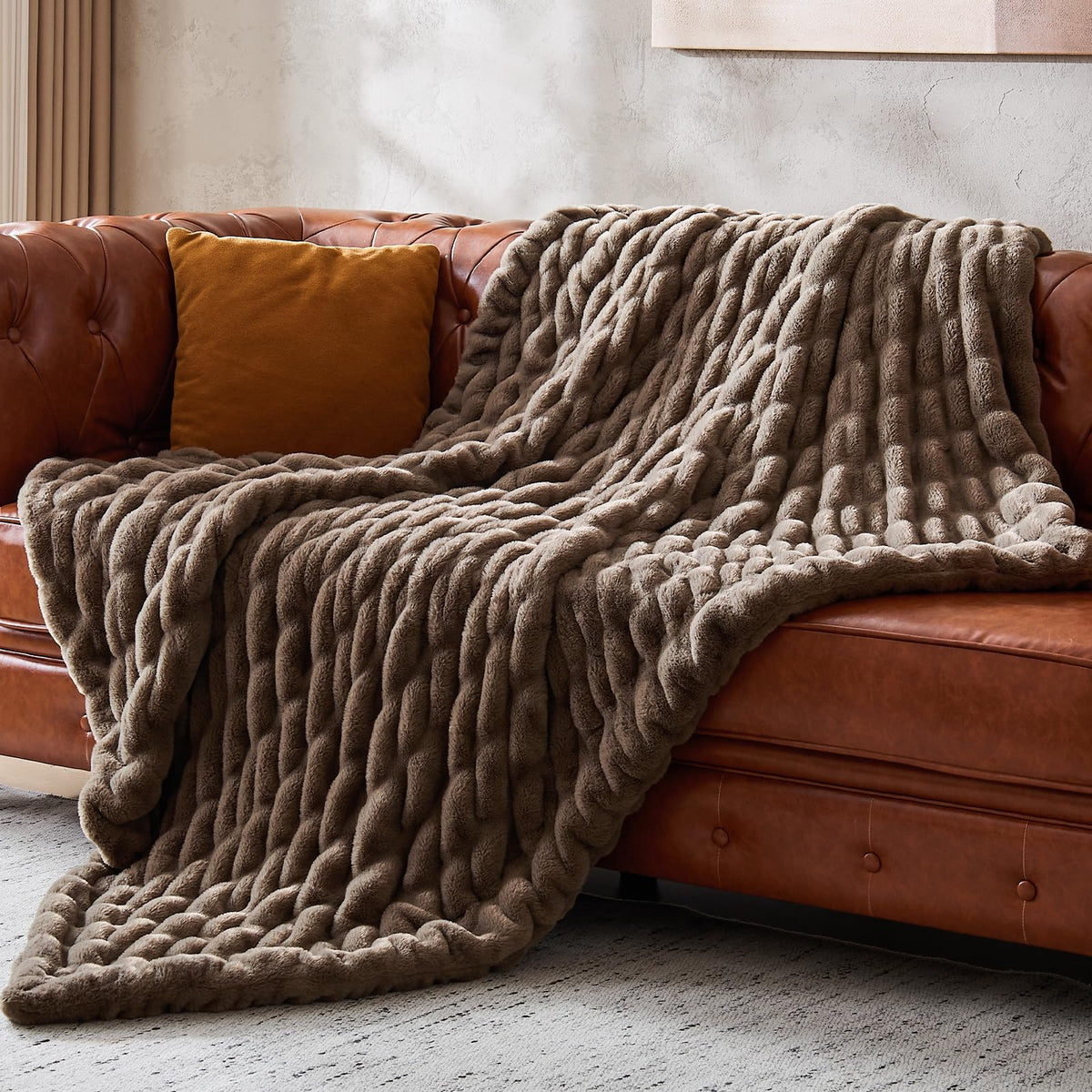 Double Sided Ruched Faux Rabbit Fur Throw Blanket,50x60 CaramelCream