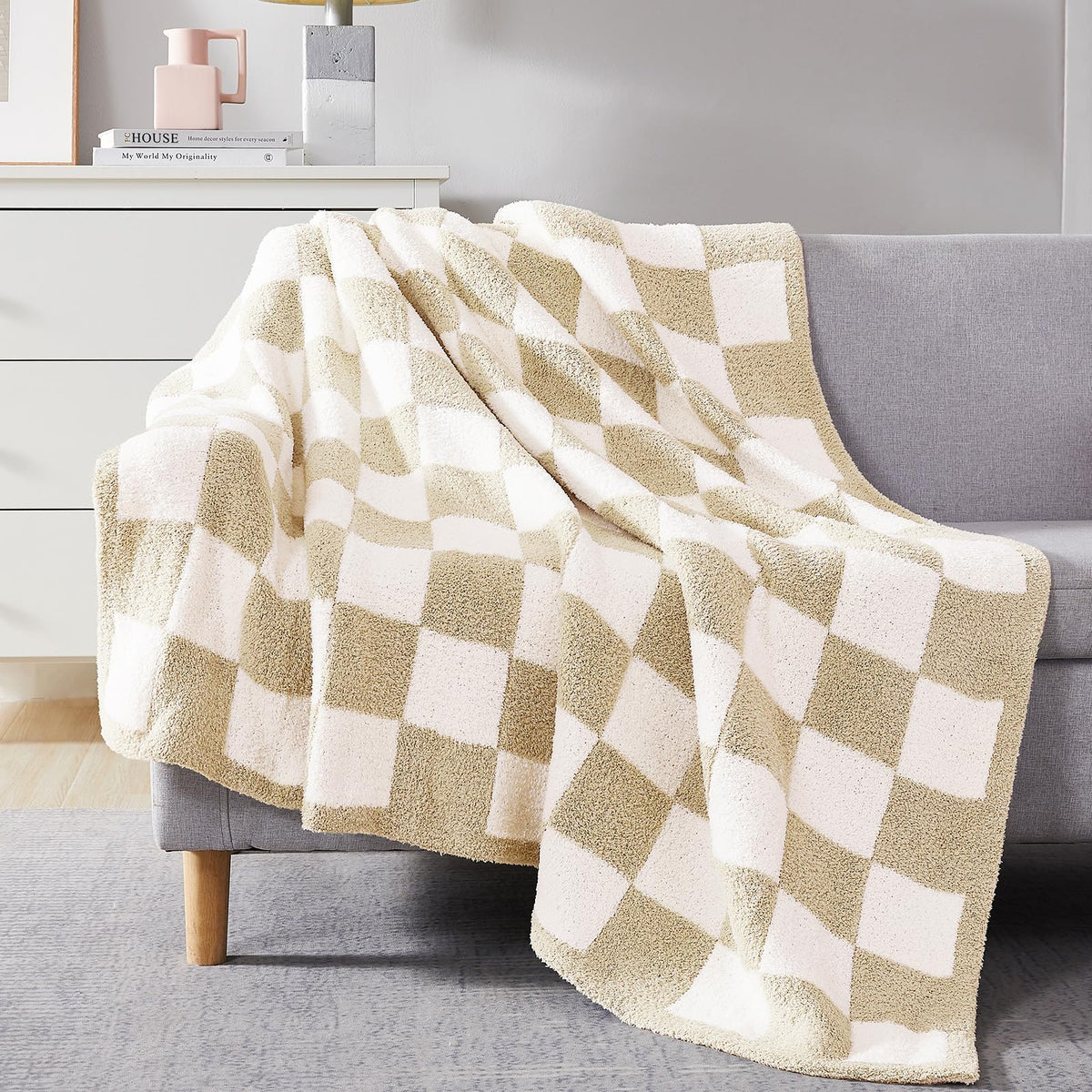WRENSONGE Soft Checkered Throw Blanket for Couch-Cozy Warm Knitted Blankets
