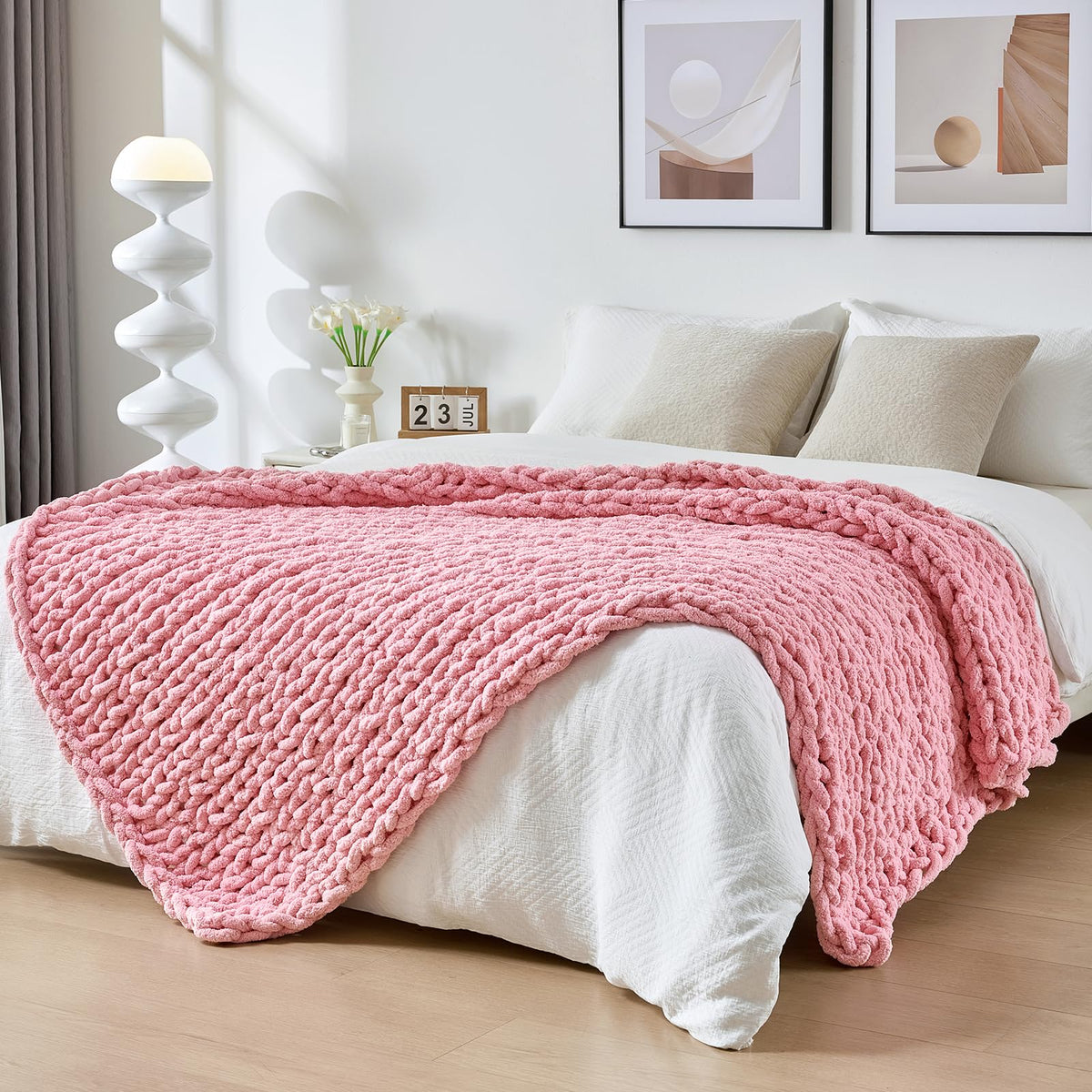 Bigacogo Chunky Knit Throw Blanket for Couch, 40x60 inches, Beige