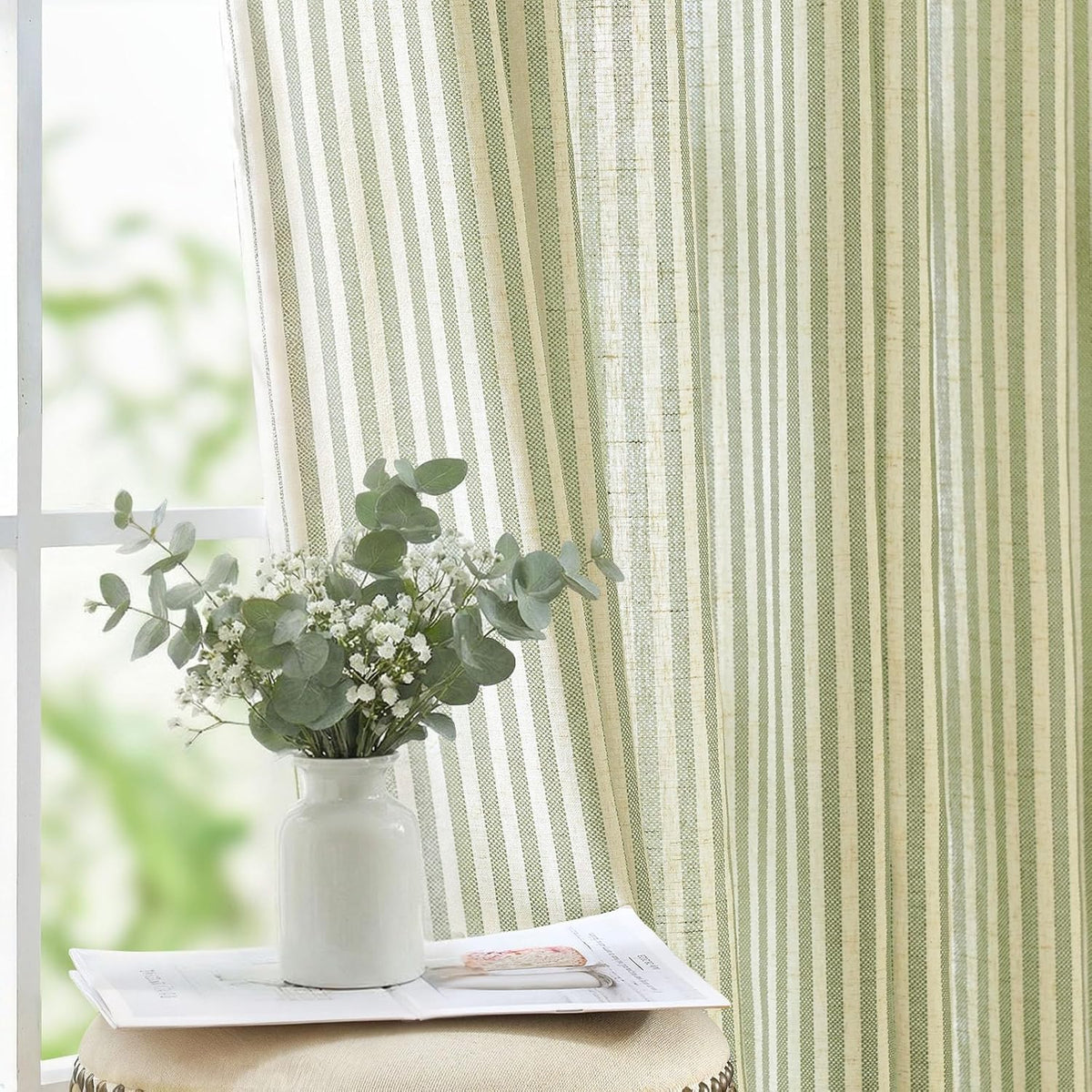 jinchan Linen Curtains 84 Inch Taupe Grey Stripe on Beige Grommet 2 Panels