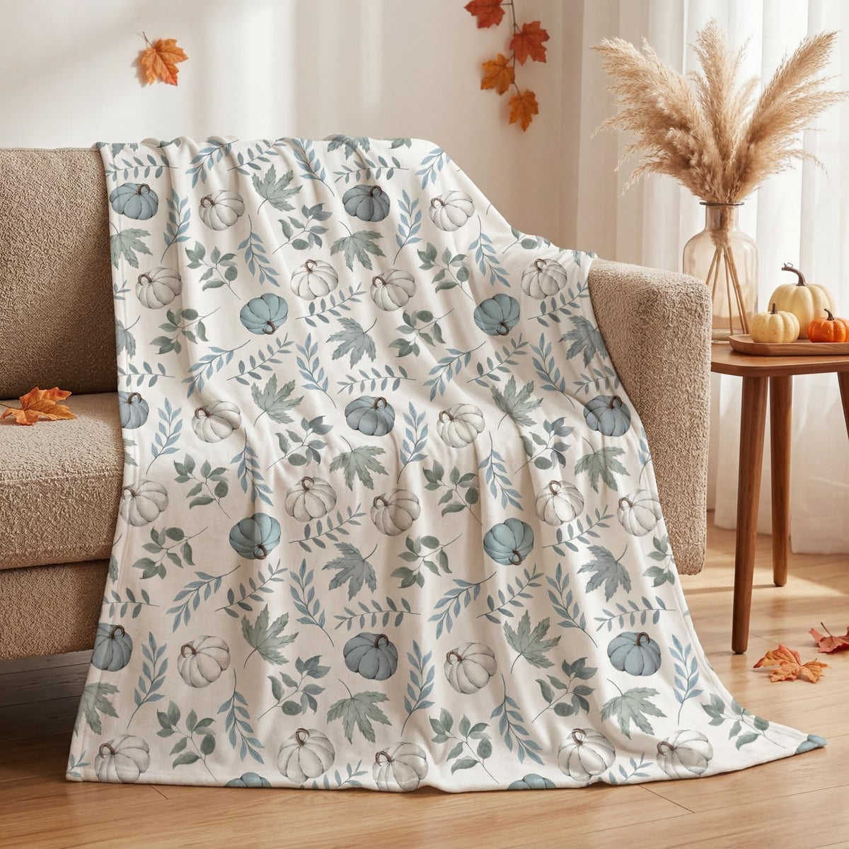 Horaldaily Fall White Pumpkin Orange Leaves Flannel Throw Blanket 50x60