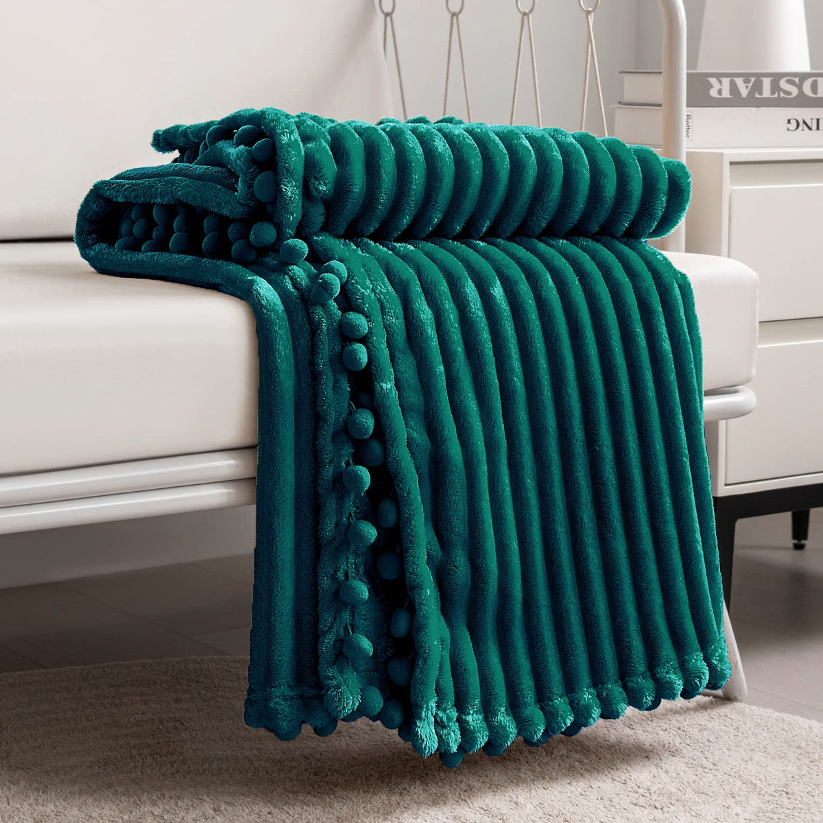 DISSA Fleece Blanket Throw Size – 51x63, Yellow Soft, Plush, Fluffy, Fuzzy, Warm, Cozy Perfect for Couch, Bed, Sofa - with Pompom Fringe Flannel