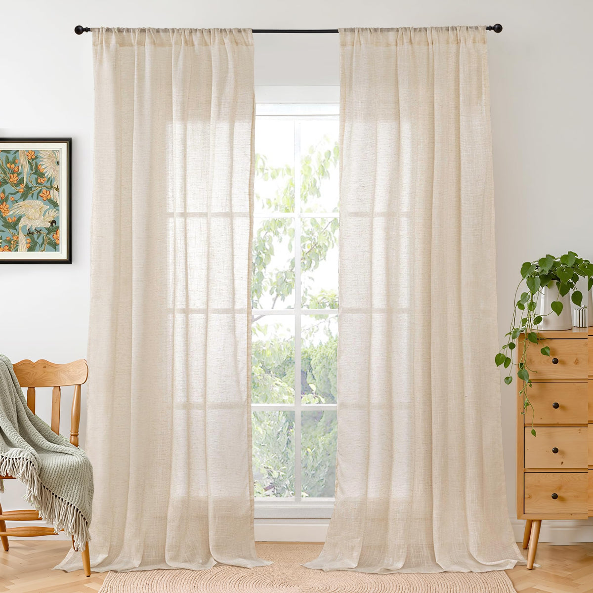 BGment Tan Linen Curtains 84 Inch Length 2 Panels Burlap Semi Sheer Drapes