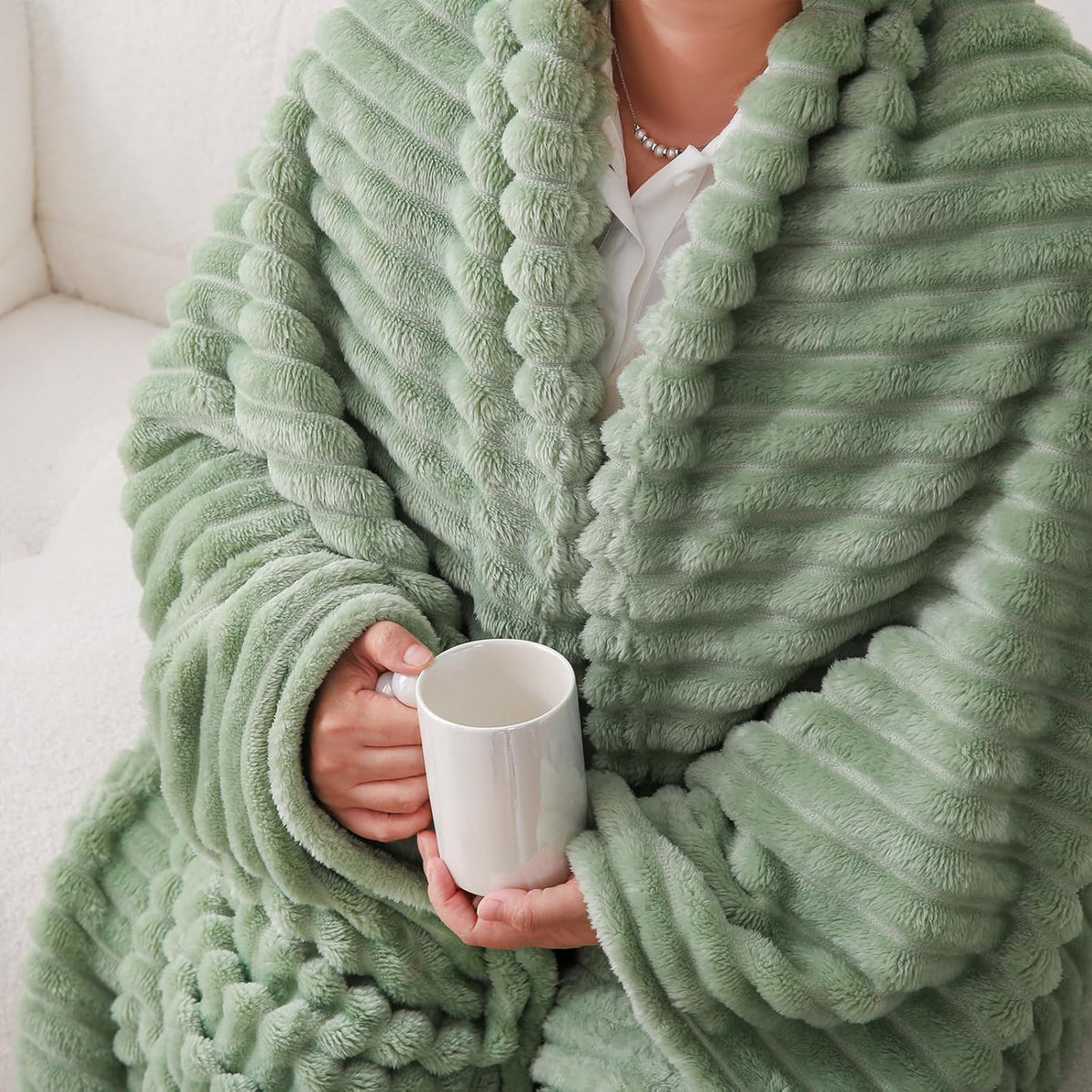Sage Green Fleece Throw Blanket 50”×60” for Couch Sofa Livingroom