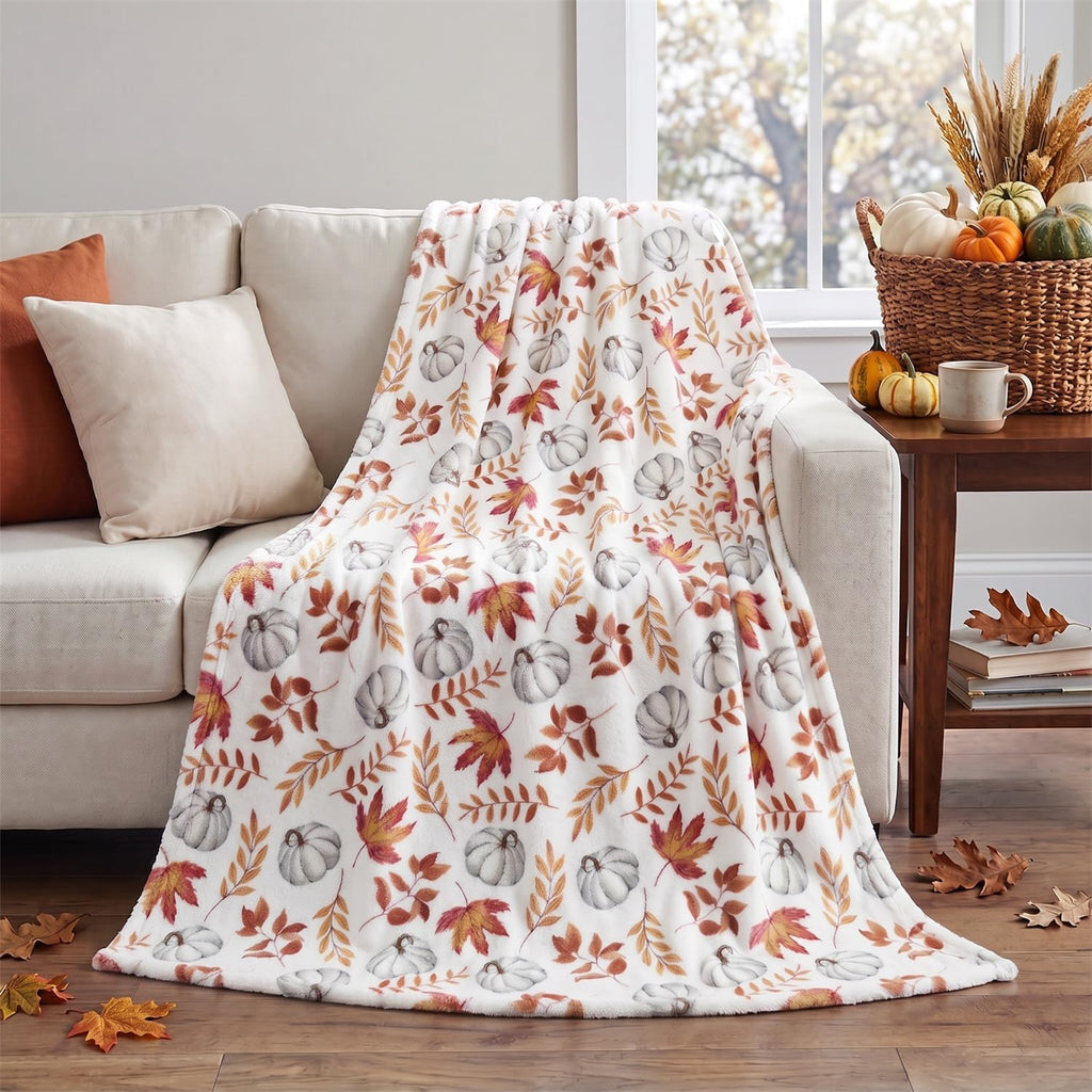 Horaldaily Fall White Pumpkin Orange Leaves Flannel Throw Blanket 50x60