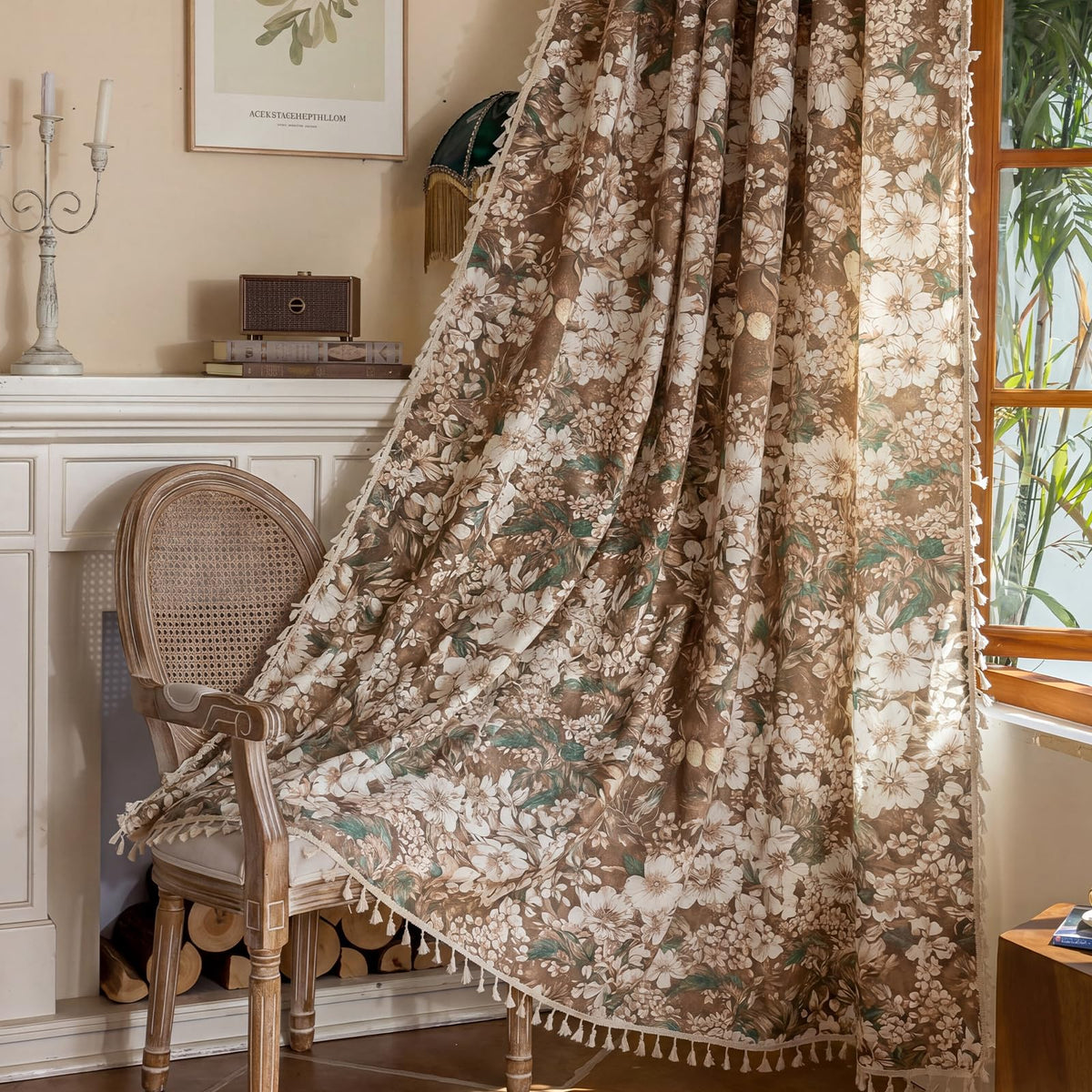 ENJOYBRIDAL Floral Curtains 84 Inch Long Living Room Boho Drapes Bedroom 2 Panels Semi Sheer Floor Length Window Curtain Panels Vintage Rod Pocket Tassel Farmhouse Nursery Window Treatments