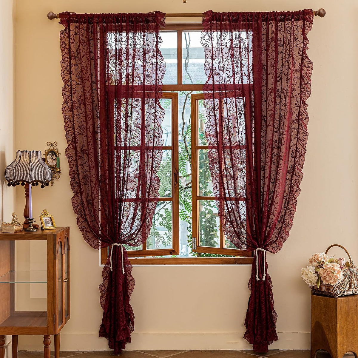TUDECO Lace Maroon Curtains 96 Inches Long 1 Pair - French Floral Sheer Burgundy Curtains for Living Room, Art Decor Rod Pocket Ruffled Edges Dark Wine Red Drapes, 59 x 96 Inch, Burgundy