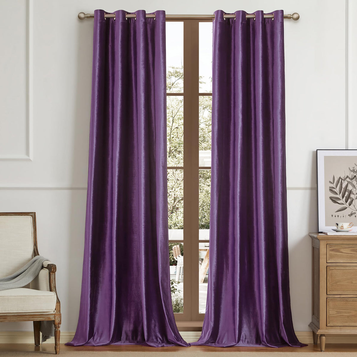 BULBUL Velvet Gold Grommet Blackout Curtains 84 inch Length for Living Room