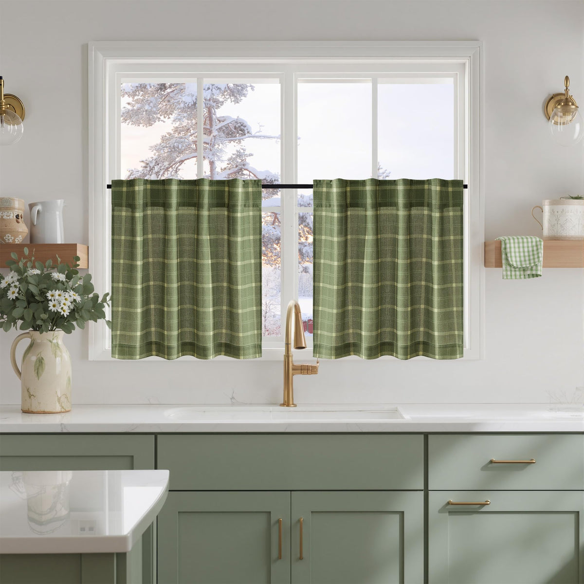 NICETOWN Moss Green Linen Plaid Curtains 96 inches Long for Bedroom