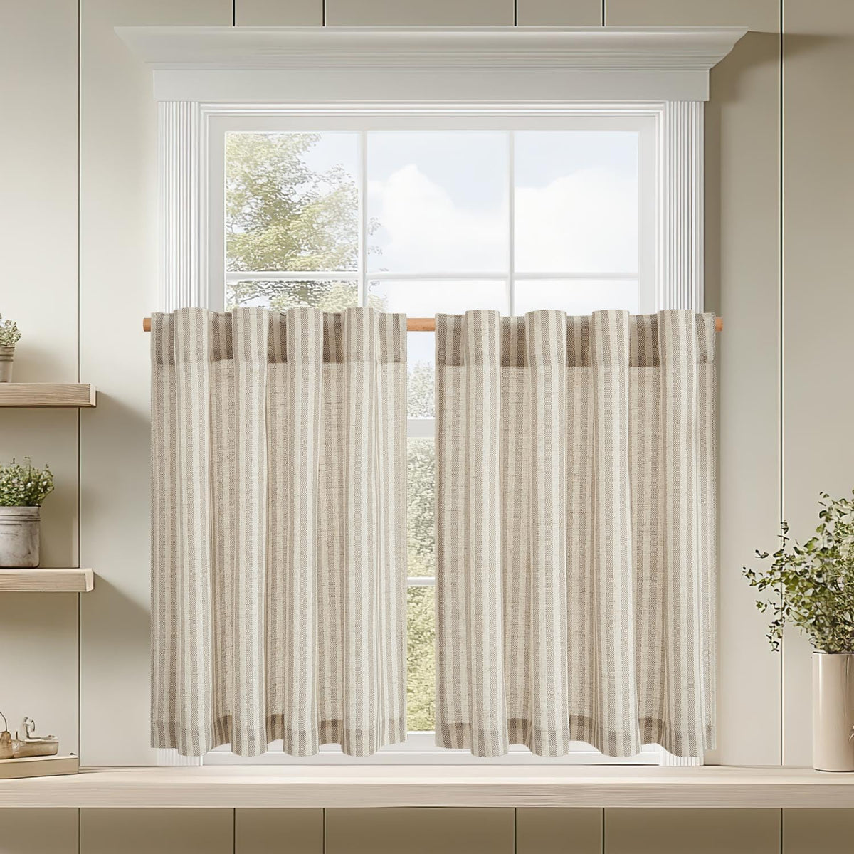 jinchan Striped Linen Kitchen Curtains 36 Inches Length Tier Curtains Farmhouse Modern Cafe Style Small Window Treatments Airy Light Filtering Rod Pocket for Living Room Bathroom 2 Panels Sage Green