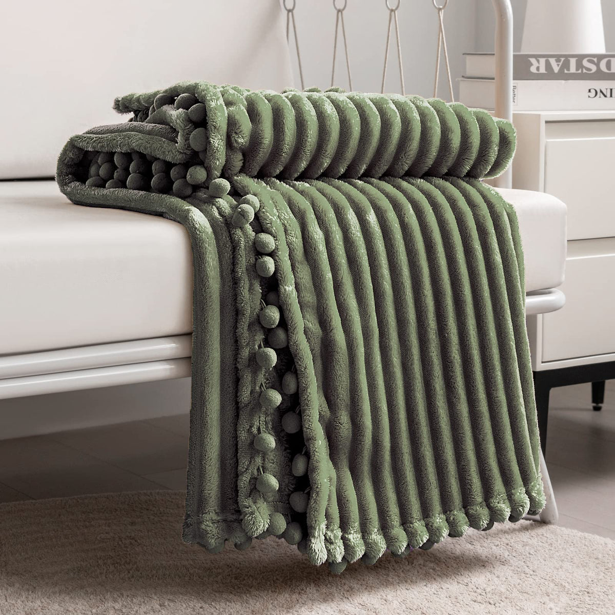 DISSA Fleece Blanket Throw Size – 51x63, Yellow Soft, Plush, Fluffy, Fuzzy, Warm, Cozy Perfect for Couch, Bed, Sofa - with Pompom Fringe Flannel