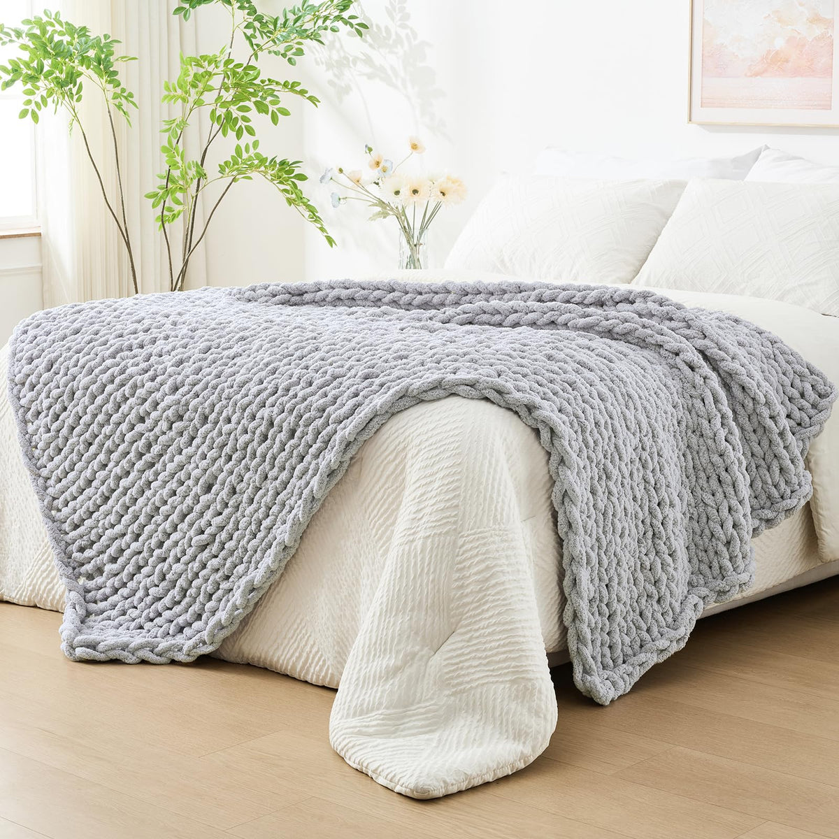 Bigacogo Chunky Knit Throw Blanket for Couch, 40x60 inches, Beige