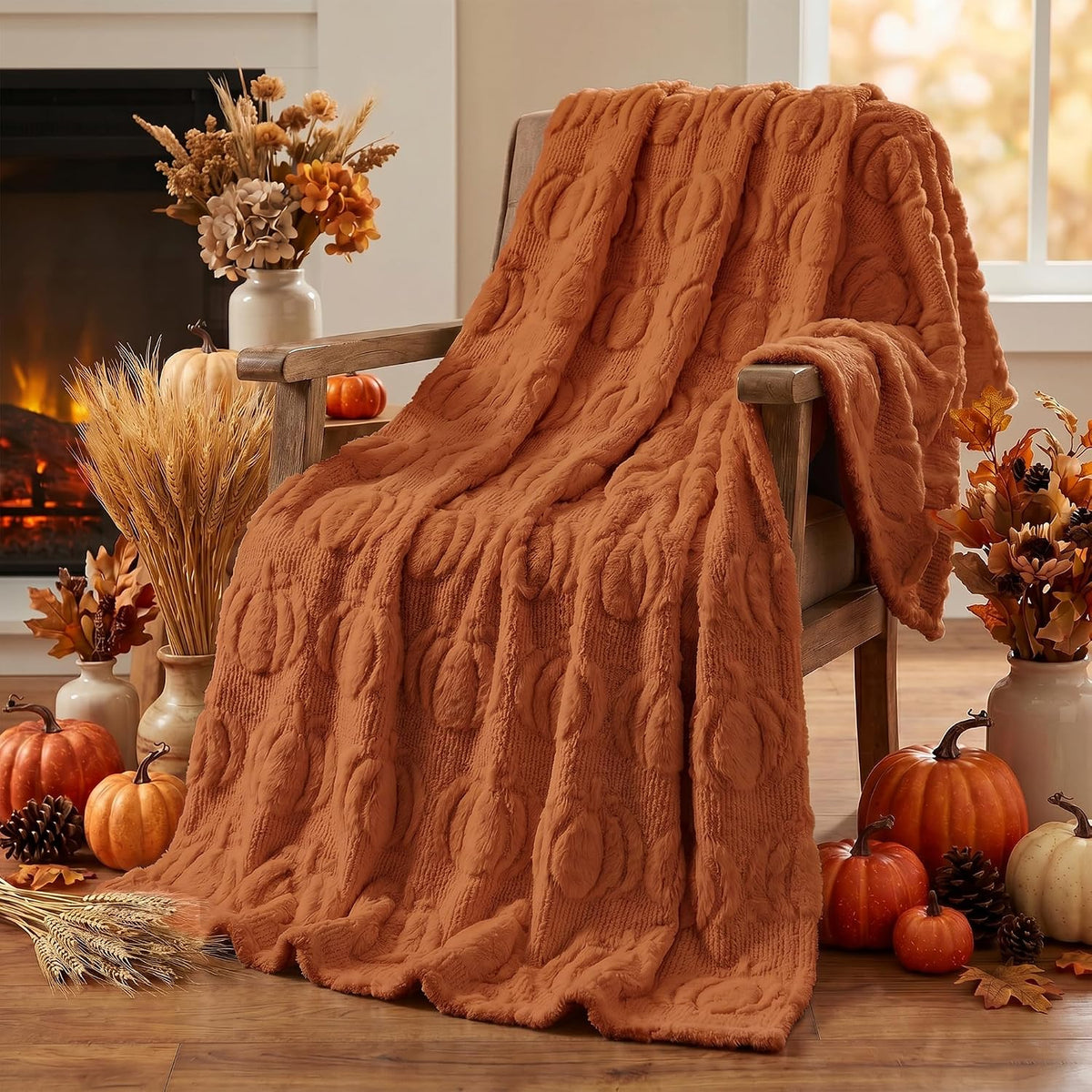 Horaldaily Fall Caramel Orange Pumpkin Faux Fur Throw Blanket 50x60