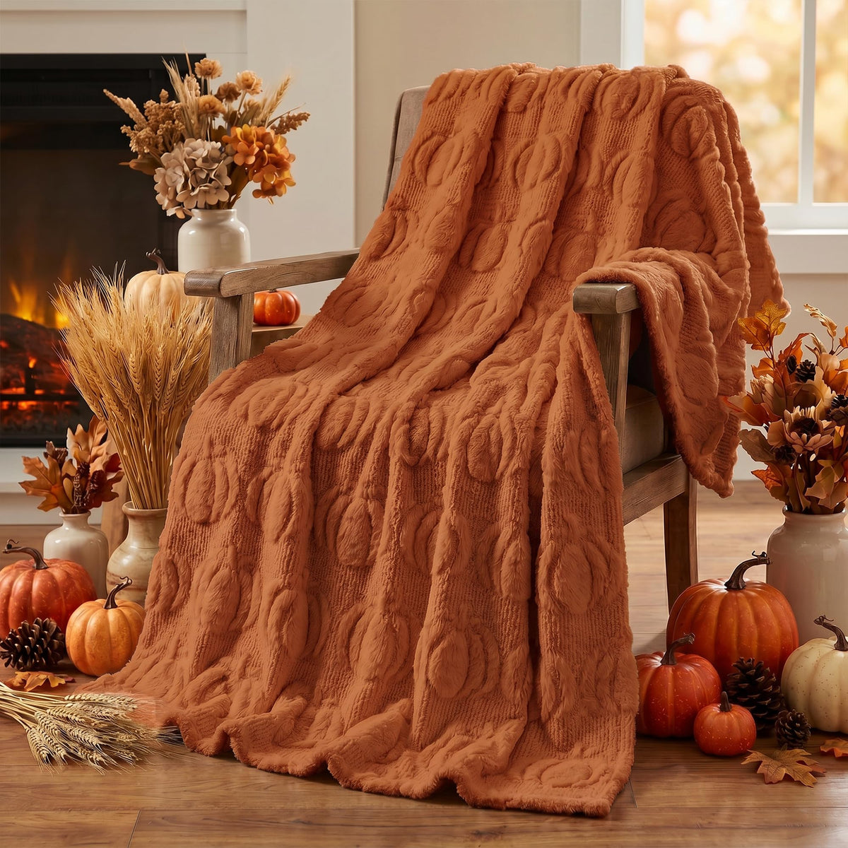 Horaldaily Fall Caramel Orange Pumpkin Faux Fur Throw Blanket 50x60