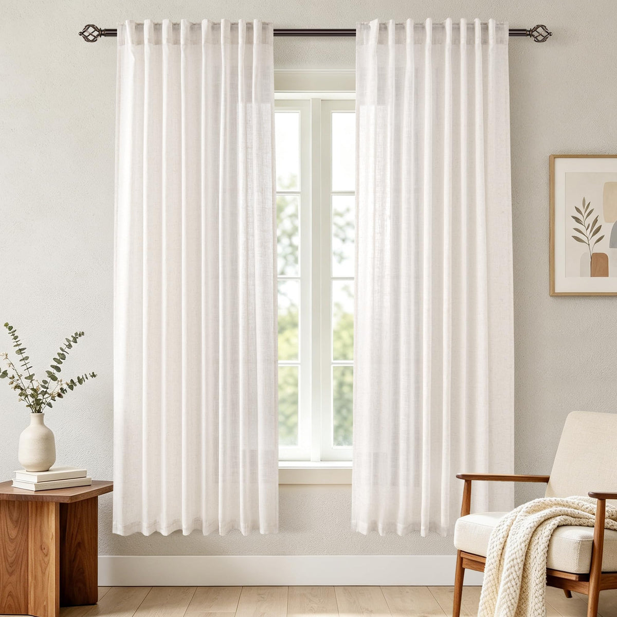 96 inch Long Linen Curtains 2 Panels for Living Room Back Tab Cream Ivory Light Filtering Semi Sheer Curtain 96 inches Long Boho Farmhouse Rustic Linen Drapes Floor to Ceiling Length 8 FT