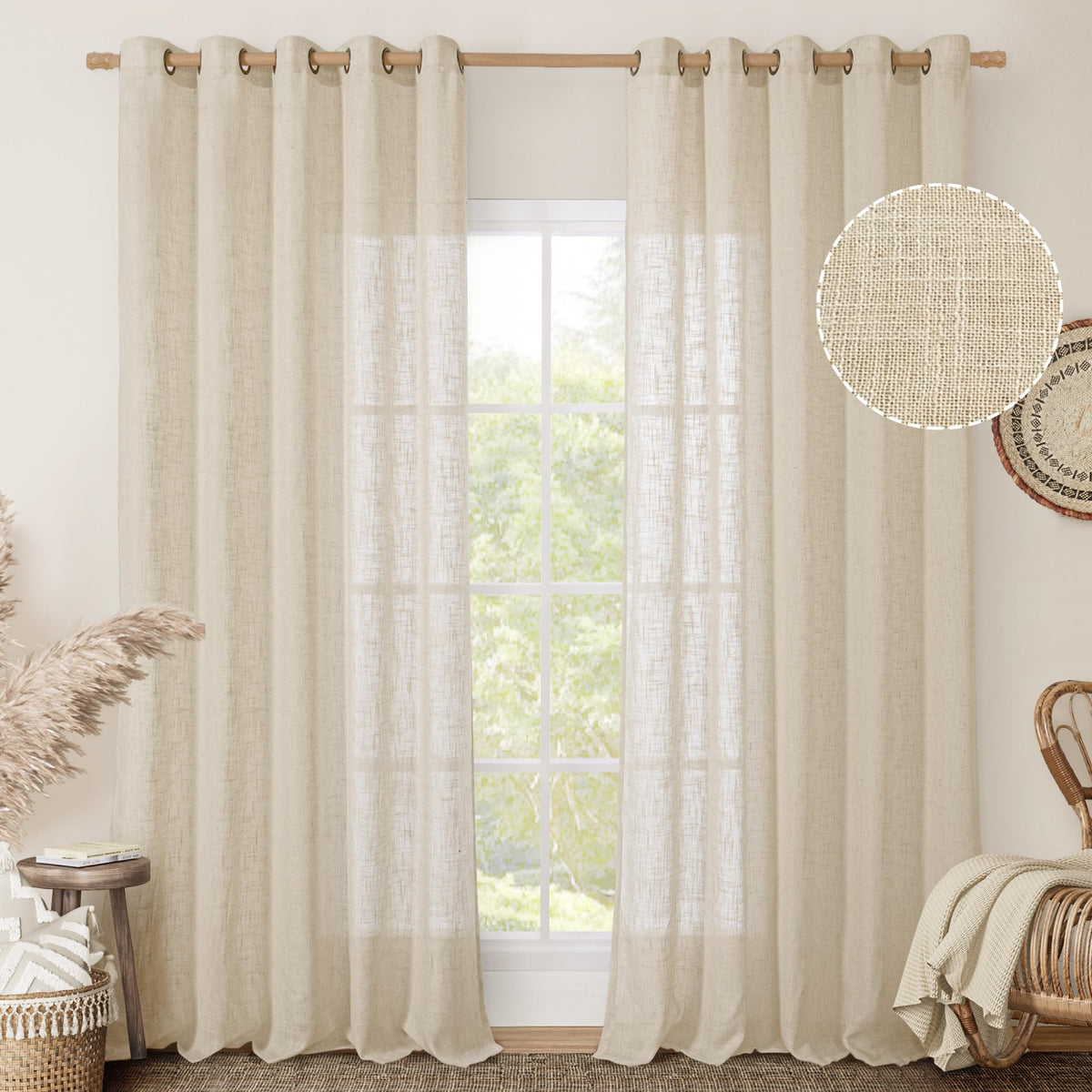 LAMIT Cream Ivory Linen Semi Sheer Curtains 84 inch Length for Bedroom