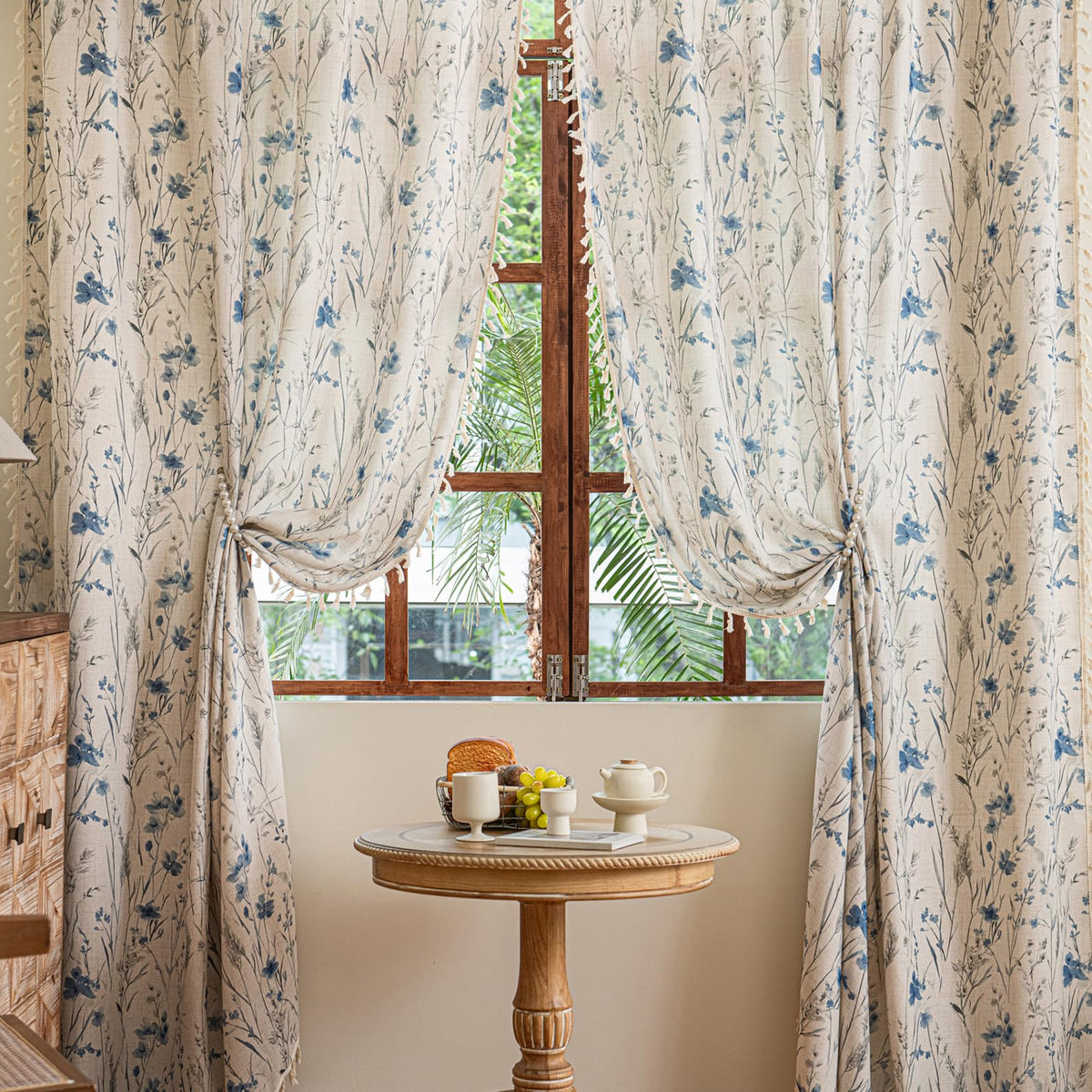 ENJOYBRIDAL Floral Curtains 84 Inch Long Living Room Boho Drapes Bedroom 2 Panels Semi Sheer Floor Length Window Curtain Panels Vintage Rod Pocket Tassel Farmhouse Nursery Window Treatments