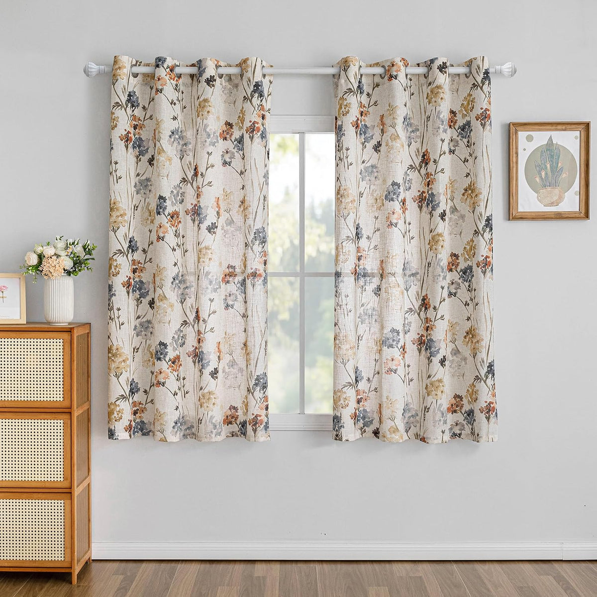 MYSKY HOME Floral Curtains 72 inch for Living Room Linen Semi Sheer Light Filtering Privacy Protect Lightweight Drapes Decor Farmhouse Soft Touch for Dining Room, Yellow, 52" Wide, 2 Panels