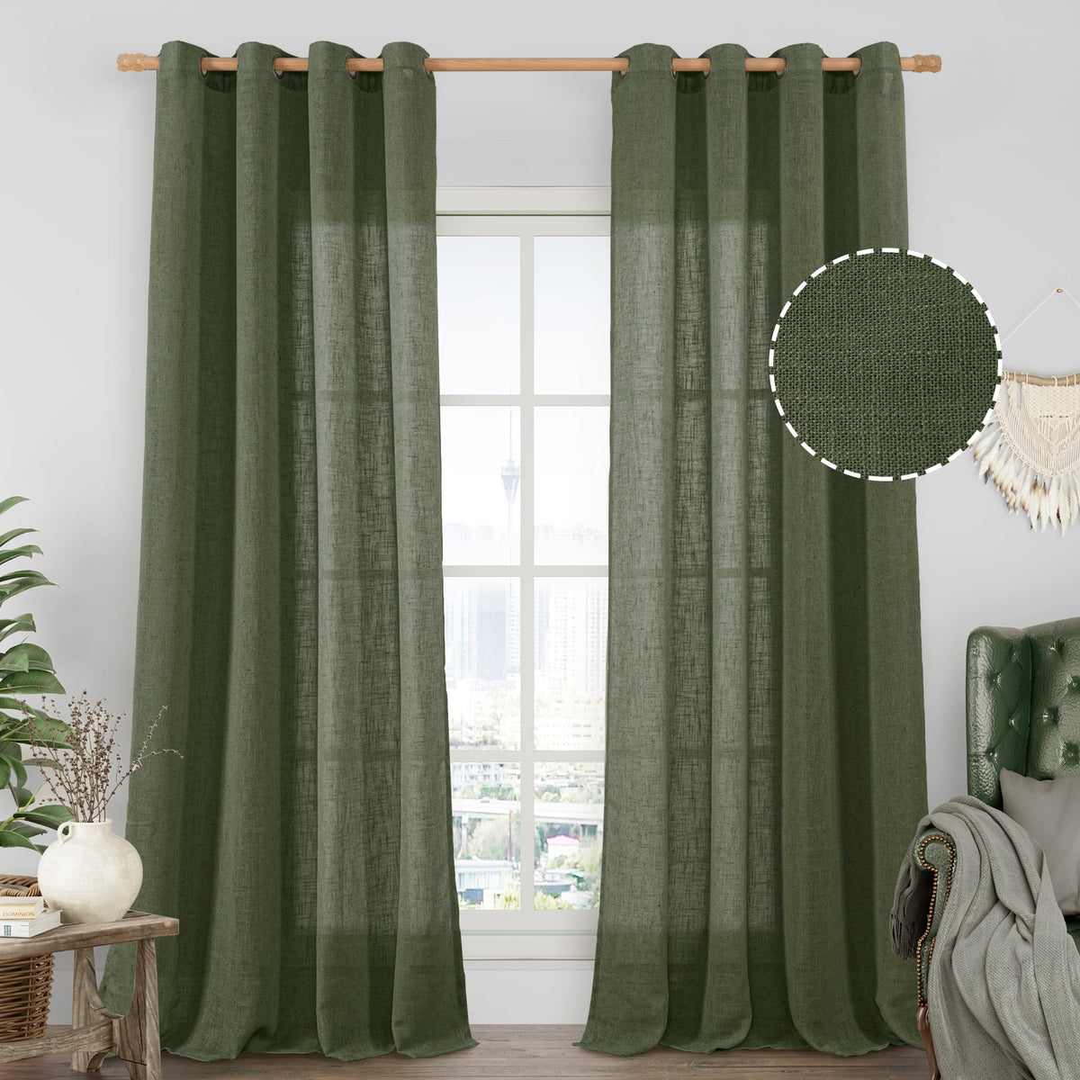 LAMIT Cream Ivory Linen Semi Sheer Curtains 84 inch Length for Bedroom