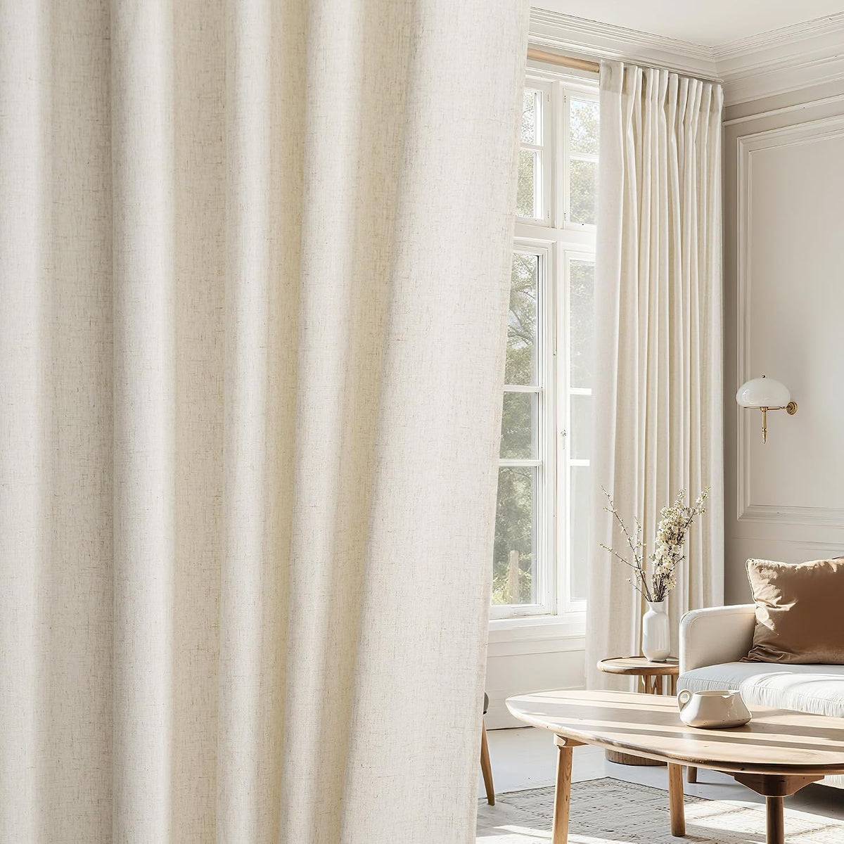 NICETOWN Flax Sheer Linen Curtains for Living Room 95 inch Long 2 Panels, Rod Pocket & Back Tab Semi Sheer Drapes Privacy Added with Light Filtering for Bedroom/Living Room, Natural, W55 x L95