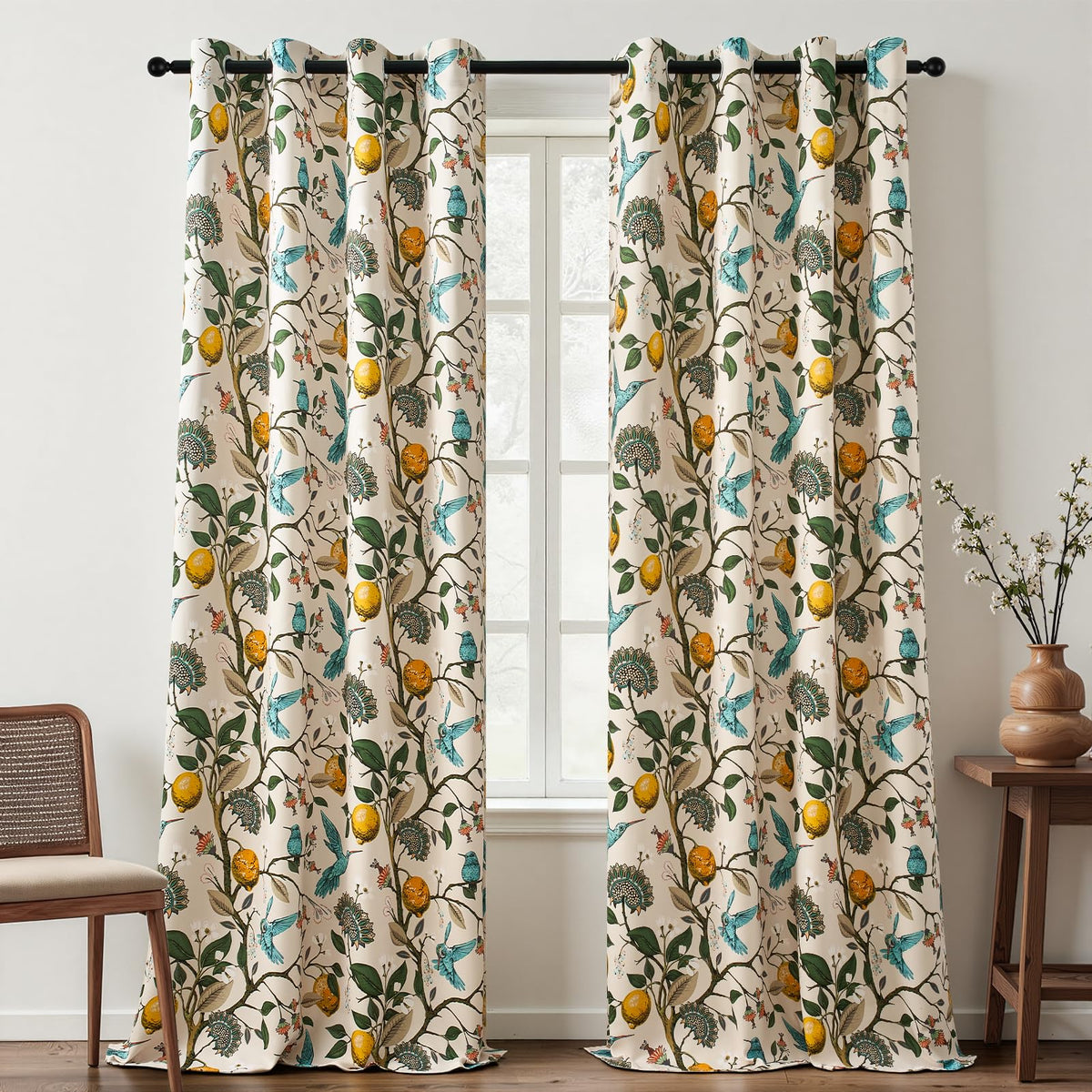 Topfinel Mustard Yellow Vintage Curtains & Drapes 84 Inches Long, Grommet Luxury Whimsical Floral Lemon Hummingbird Patterned Waverly Mid Century Colorful Blackout Drapes for Living Room Bedroom