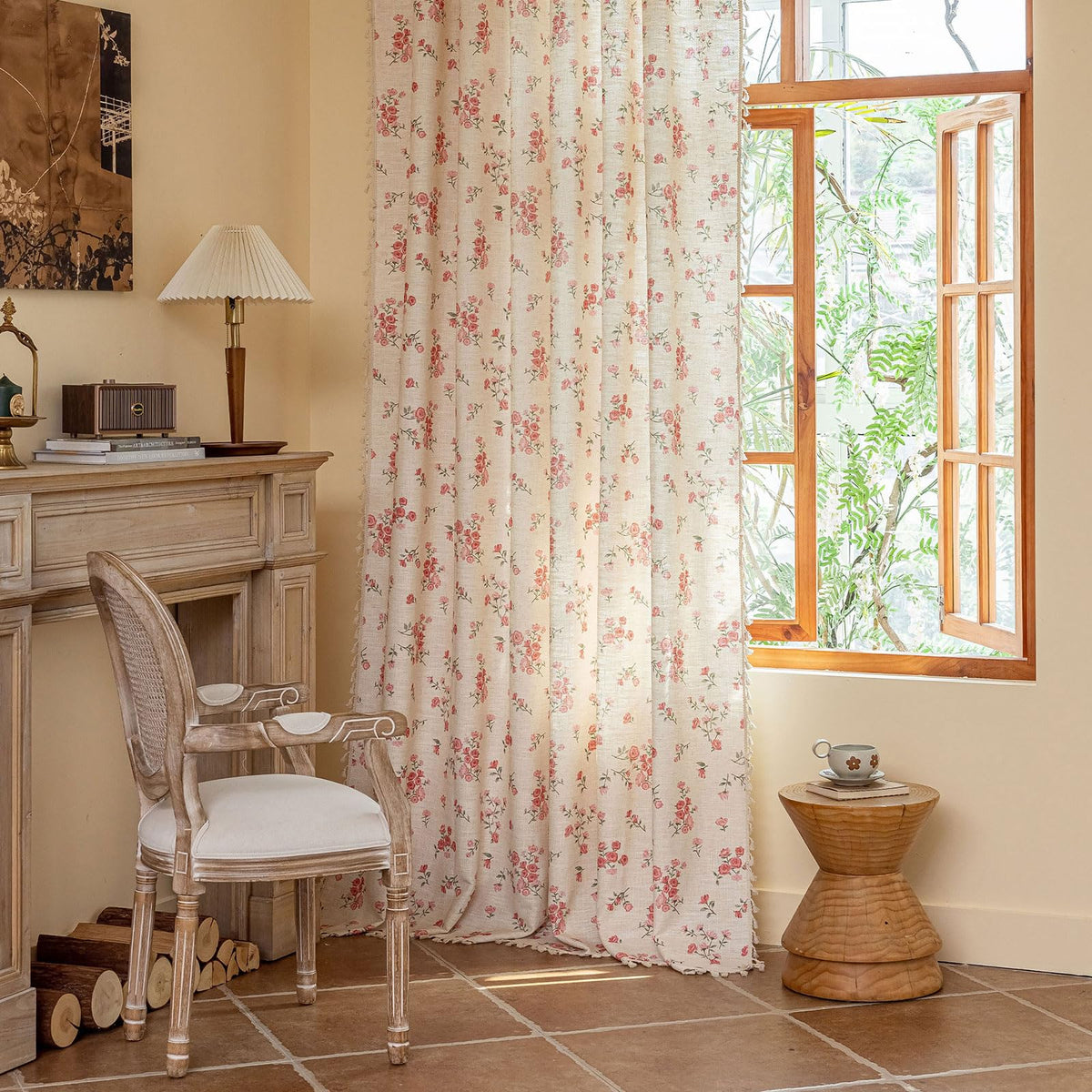 ENJOYBRIDAL Floral Curtains 84 Inch Long Living Room Boho Drapes Bedroom 2 Panels Semi Sheer Floor Length Window Curtain Panels Vintage Rod Pocket Tassel Farmhouse Nursery Window Treatments