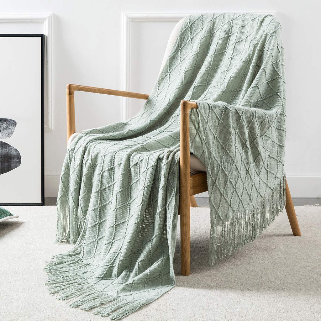 Homiest Pale Blue Knitted Throw Blanket with Fringe, 50x60 Inch
