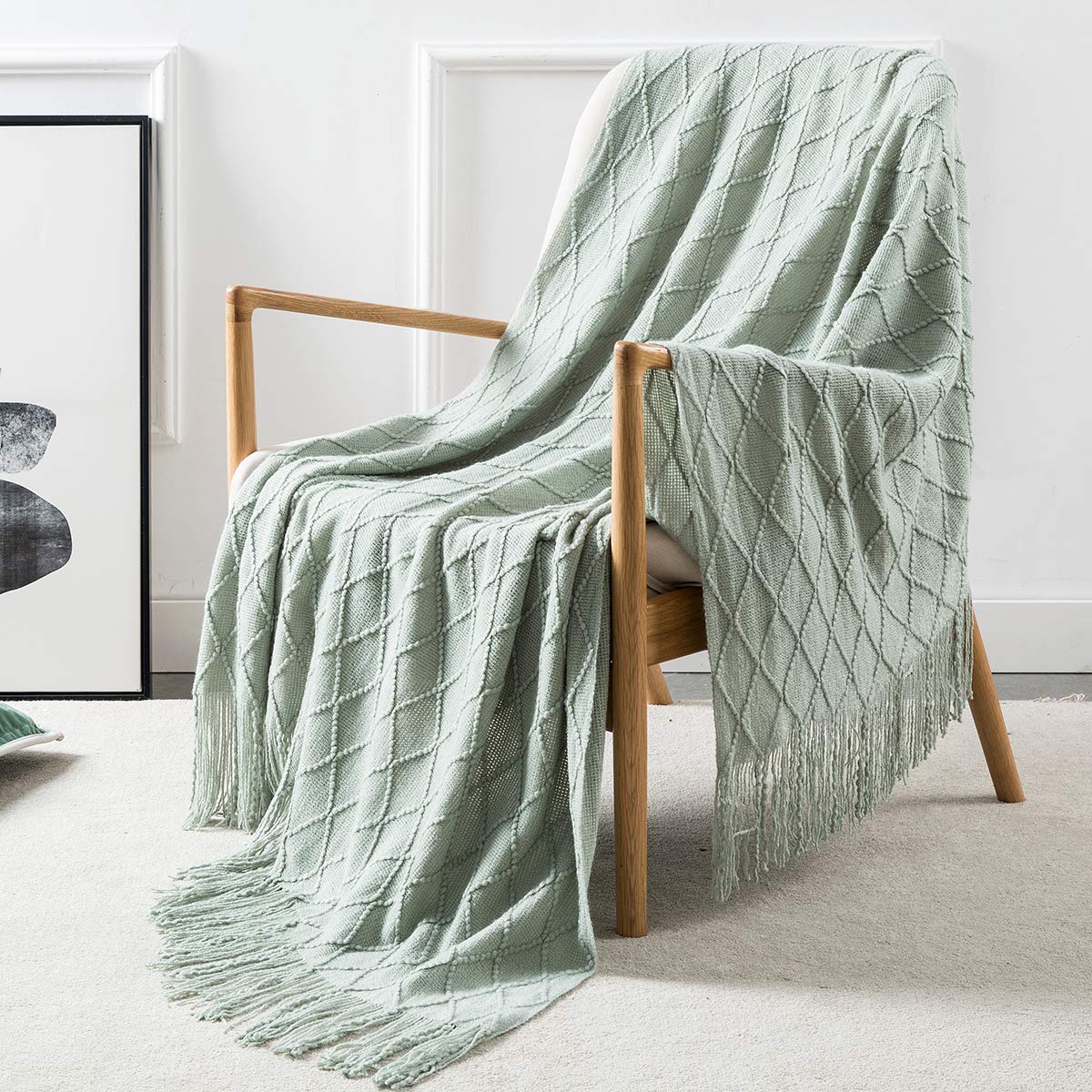 Homiest Pale Blue Knitted Throw Blanket with Fringe, 50x60 Inch