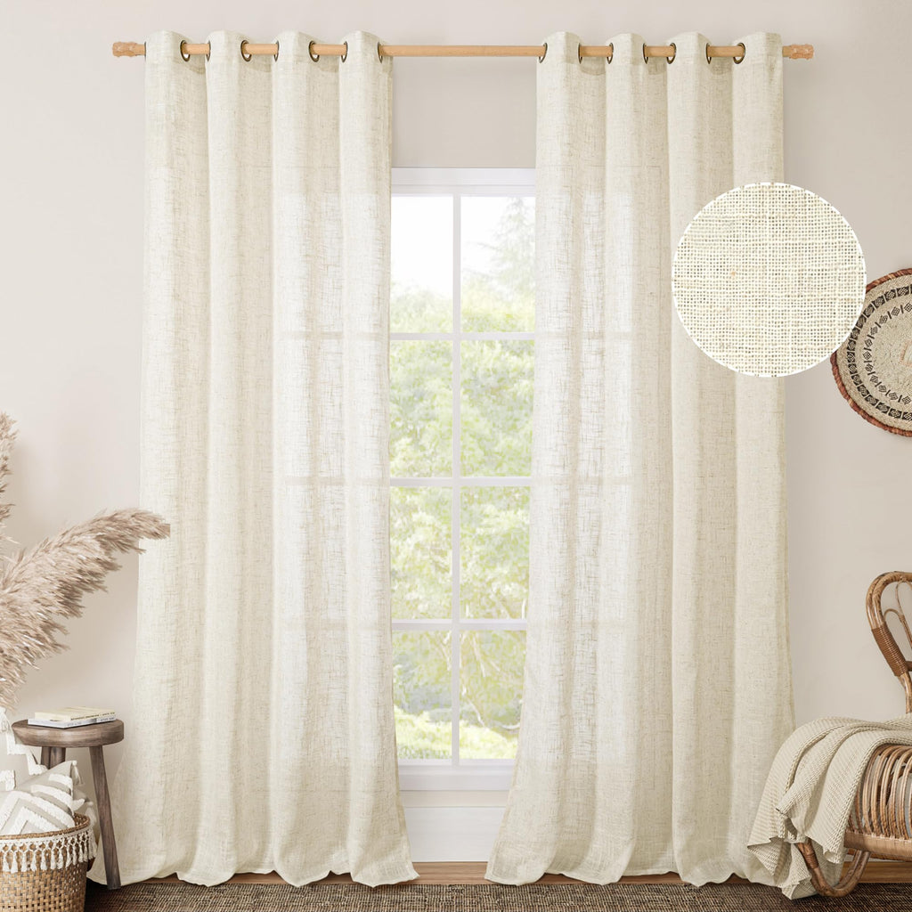 LAMIT Cream Ivory Linen Semi Sheer Curtains 84 inch Length for Bedroom