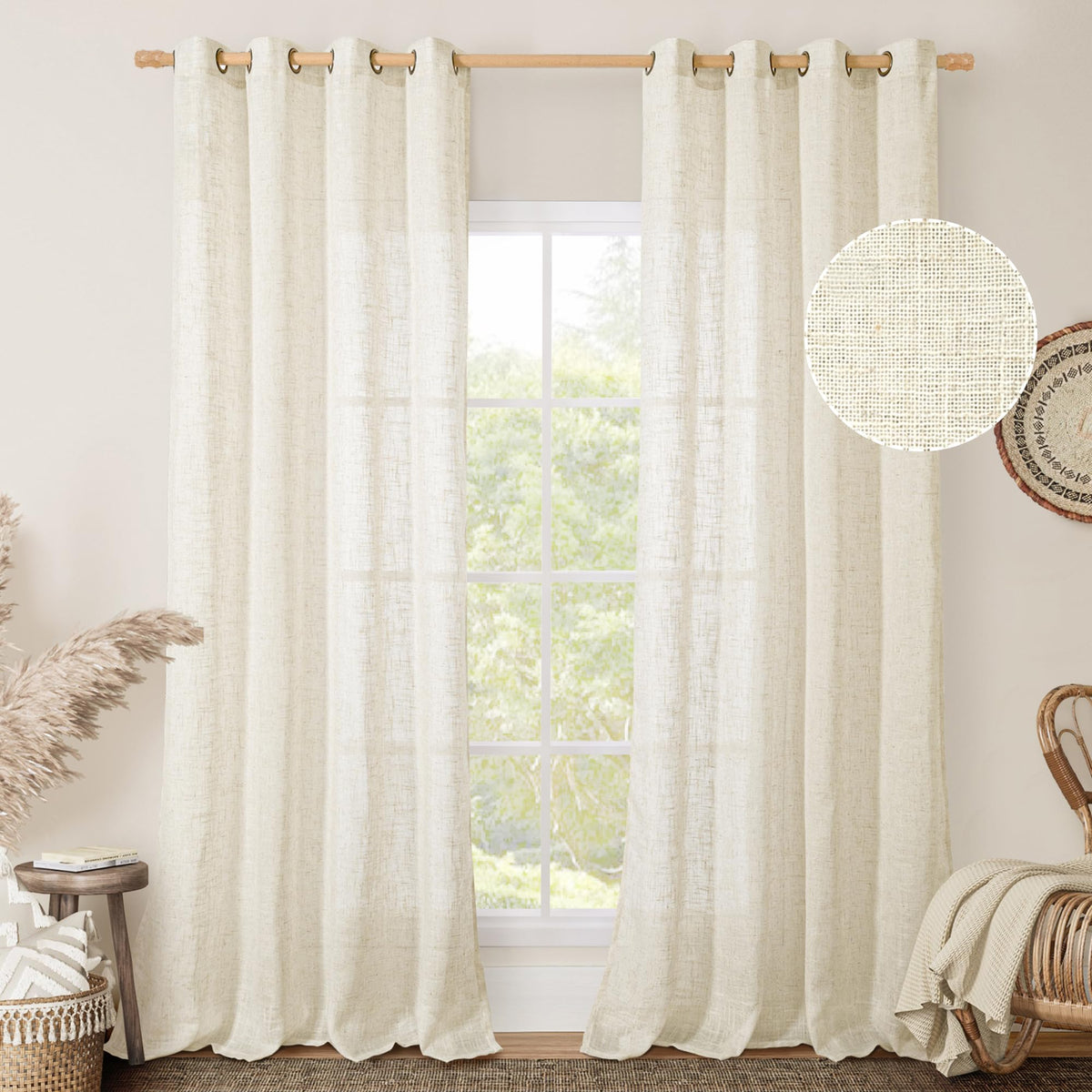 LAMIT Cream Ivory Linen Semi Sheer Curtains 84 inch Length for Bedroom