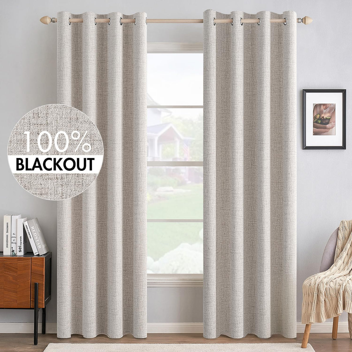 MIULEE 100% Blackout Linen Curtains for Bedroom 52x84 Inches Dusty Blue