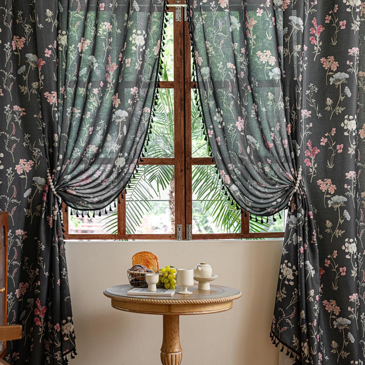 ENJOYBRIDAL Floral Curtains 84 Inch Long Living Room Boho Drapes Bedroom 2 Panels Semi Sheer Floor Length Window Curtain Panels Vintage Rod Pocket Tassel Farmhouse Nursery Window Treatments