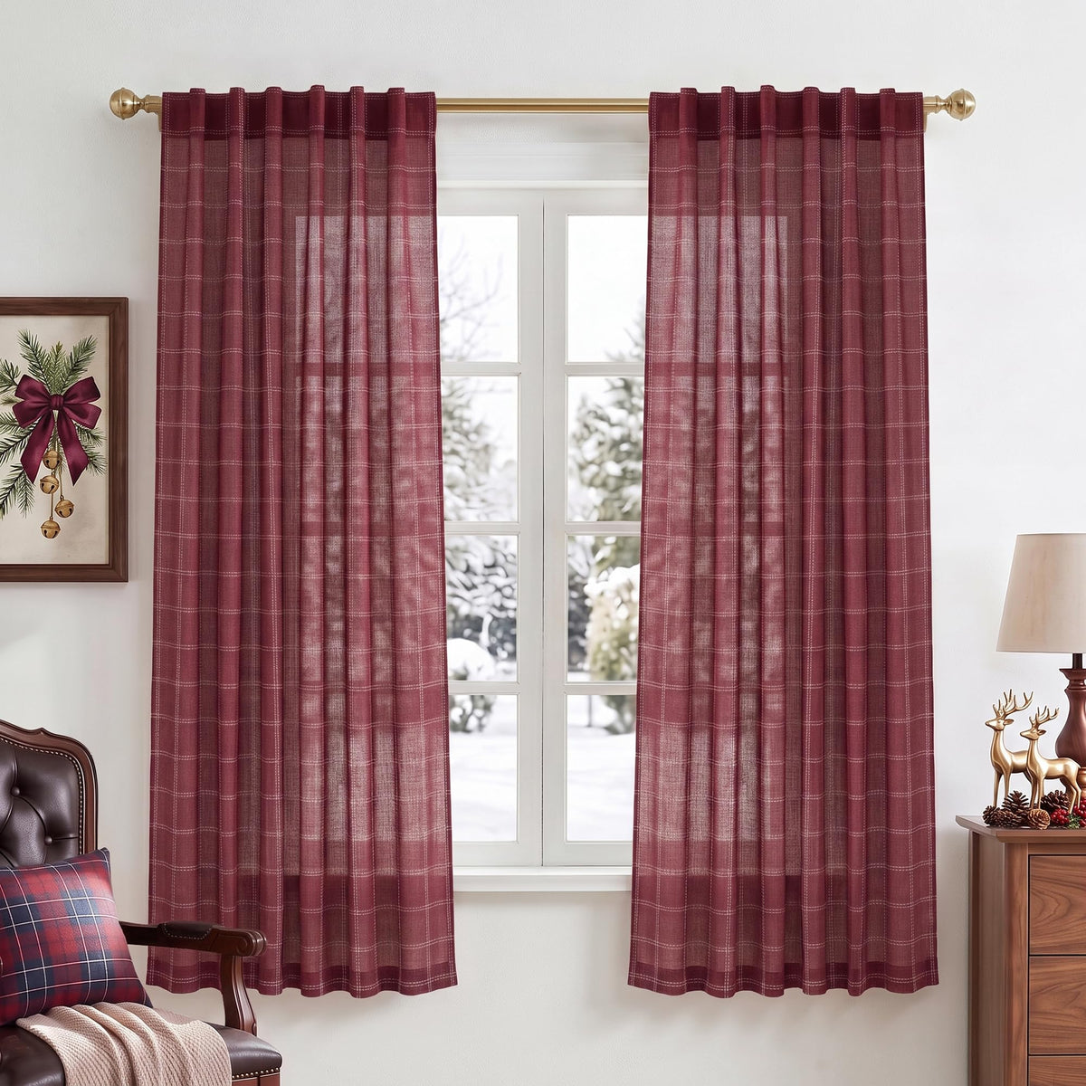 NICETOWN Moss Green Linen Plaid Curtains 96 inches Long for Bedroom