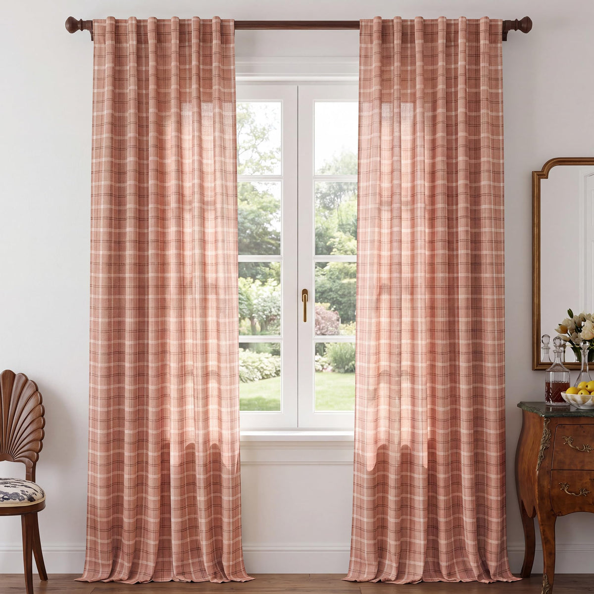 NICETOWN Moss Green Linen Plaid Curtains 96 inches Long for Bedroom
