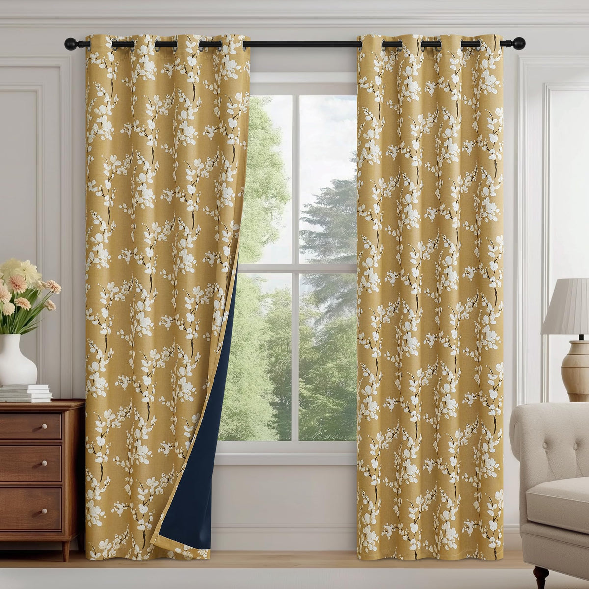 FMFUNCTEX Blue Blackout Floral Curtains, Bedroom, 100X84 Inches, 1 Panel