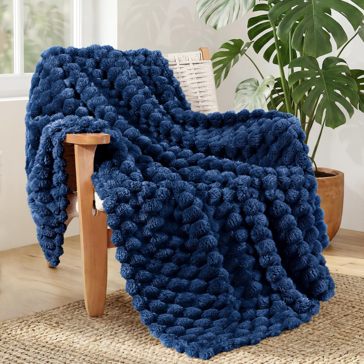 Whale Flotilla Soft 3D Jacquard Fleece Throw Blanket for Couch & Bed, Ivory