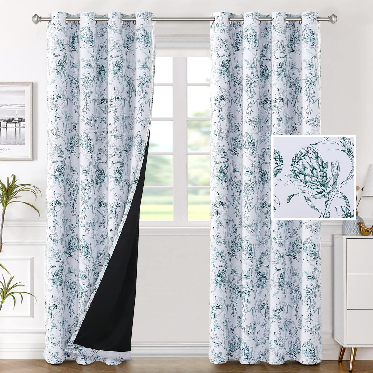 H.VERSAILTEX 100% Blackout Curtains 84 inch Length 2 Panels Set Cattleya Floral Printed Drapes Leah Floral Thermal Curtains for Bedroom with Black Liner Sound Proof Curtains, Grey and Taupe