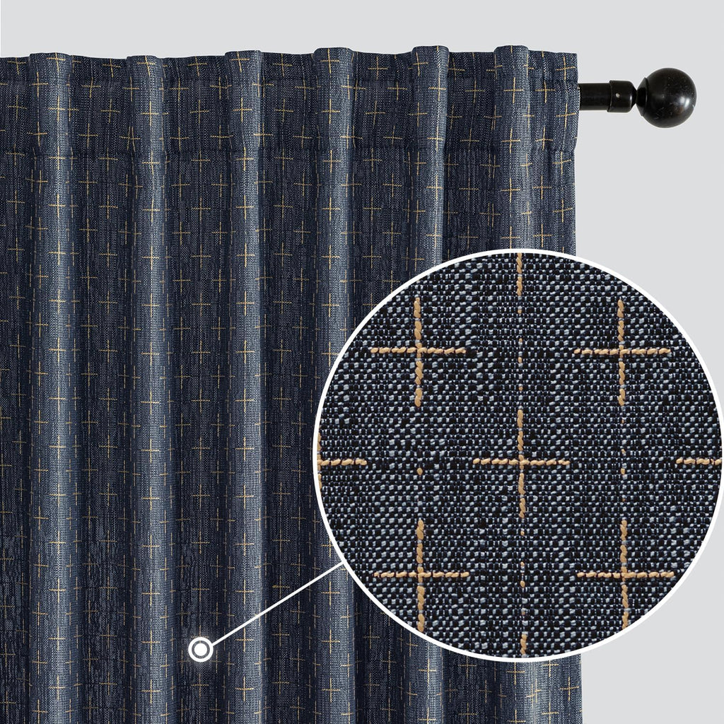 MIULEE Patterned Farmhouse Linen Curtains, Back Tab, 52Wx84L, Blue