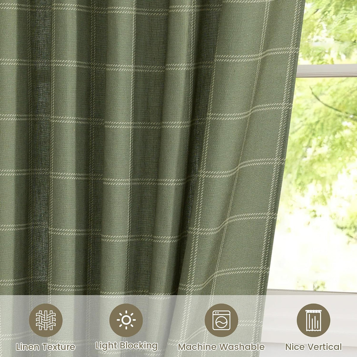 NICETOWN Moss Green Linen Plaid Curtains 96 inches Long for Bedroom