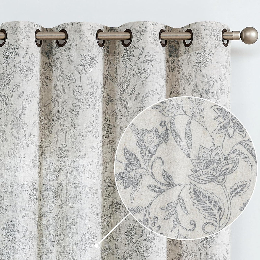 Lazzzy Grey Floral Linen Curtains Farmhouse Grommet Top 50W X 63L 2 Panels