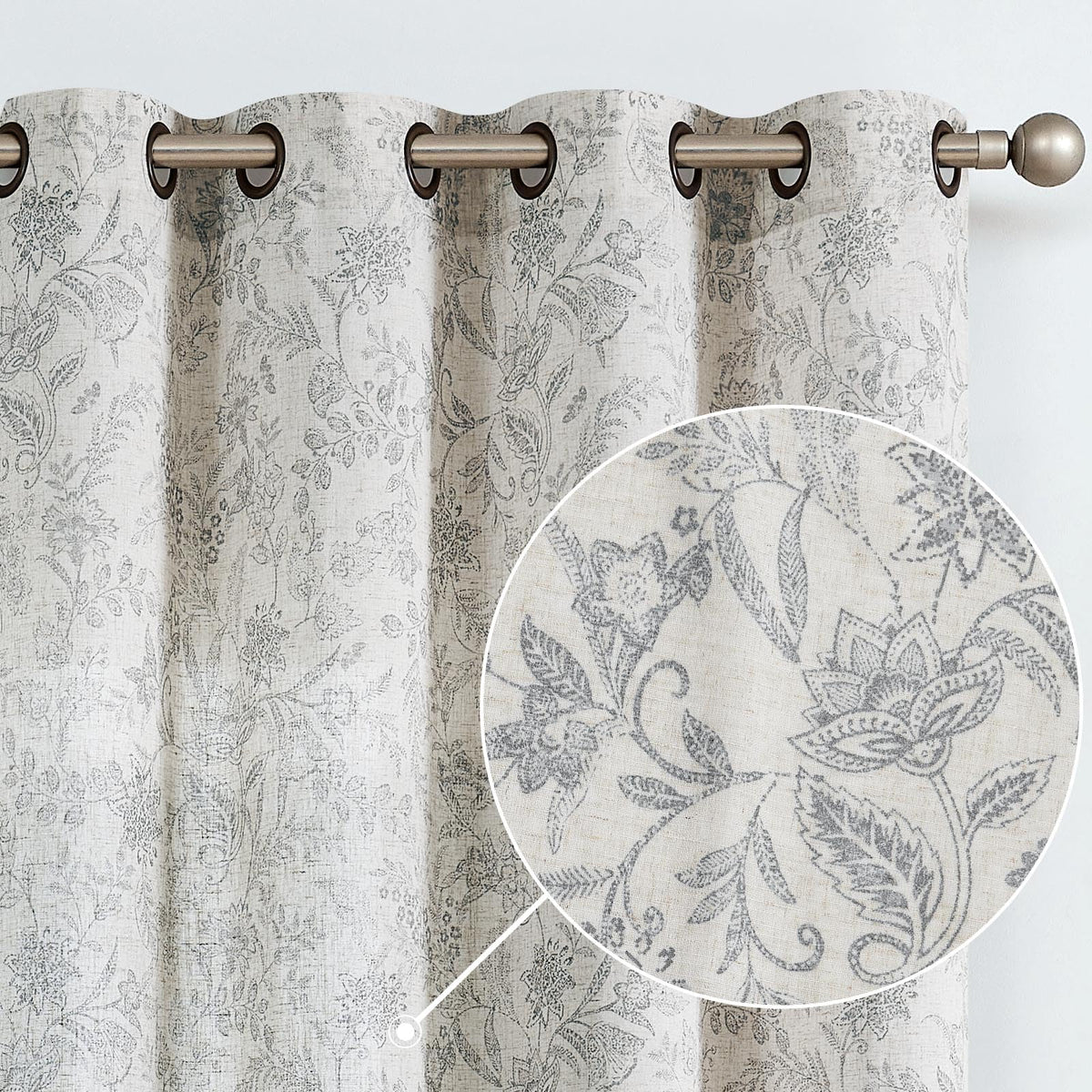 Lazzzy Grey Floral Linen Curtains Farmhouse Grommet Top 50W X 63L 2 Panels