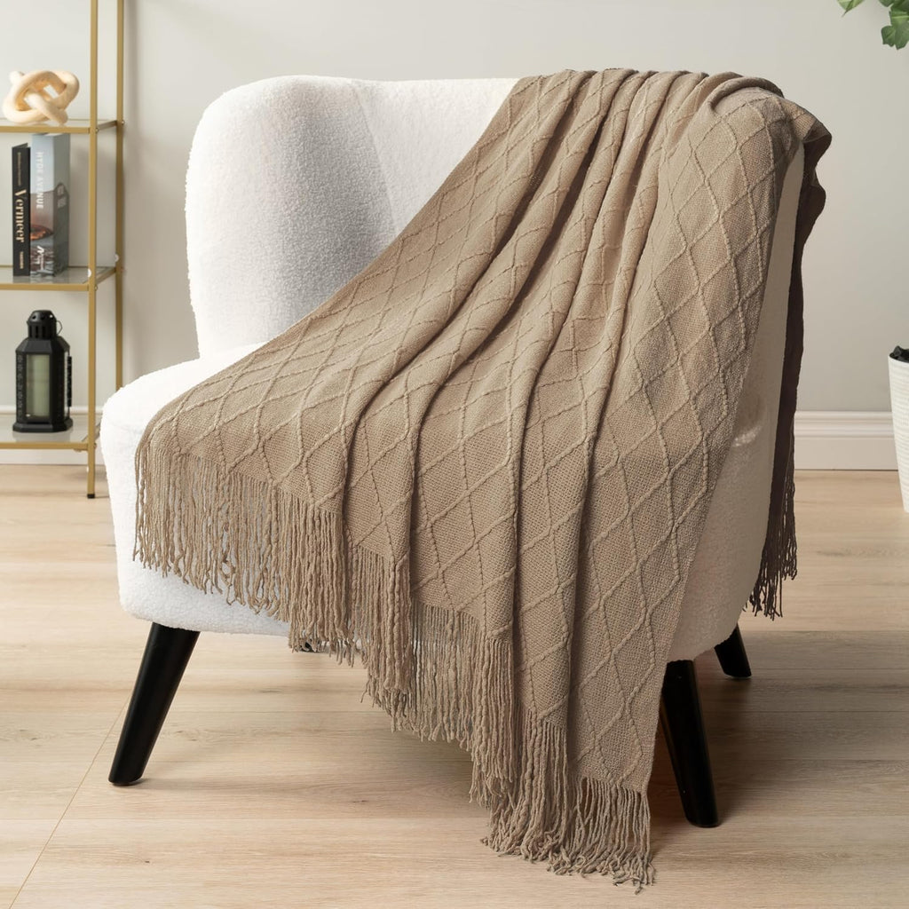 PAVILIA Tan Taupe Knit Throw Blanket, Soft Knitted Farmhouse, 50x60