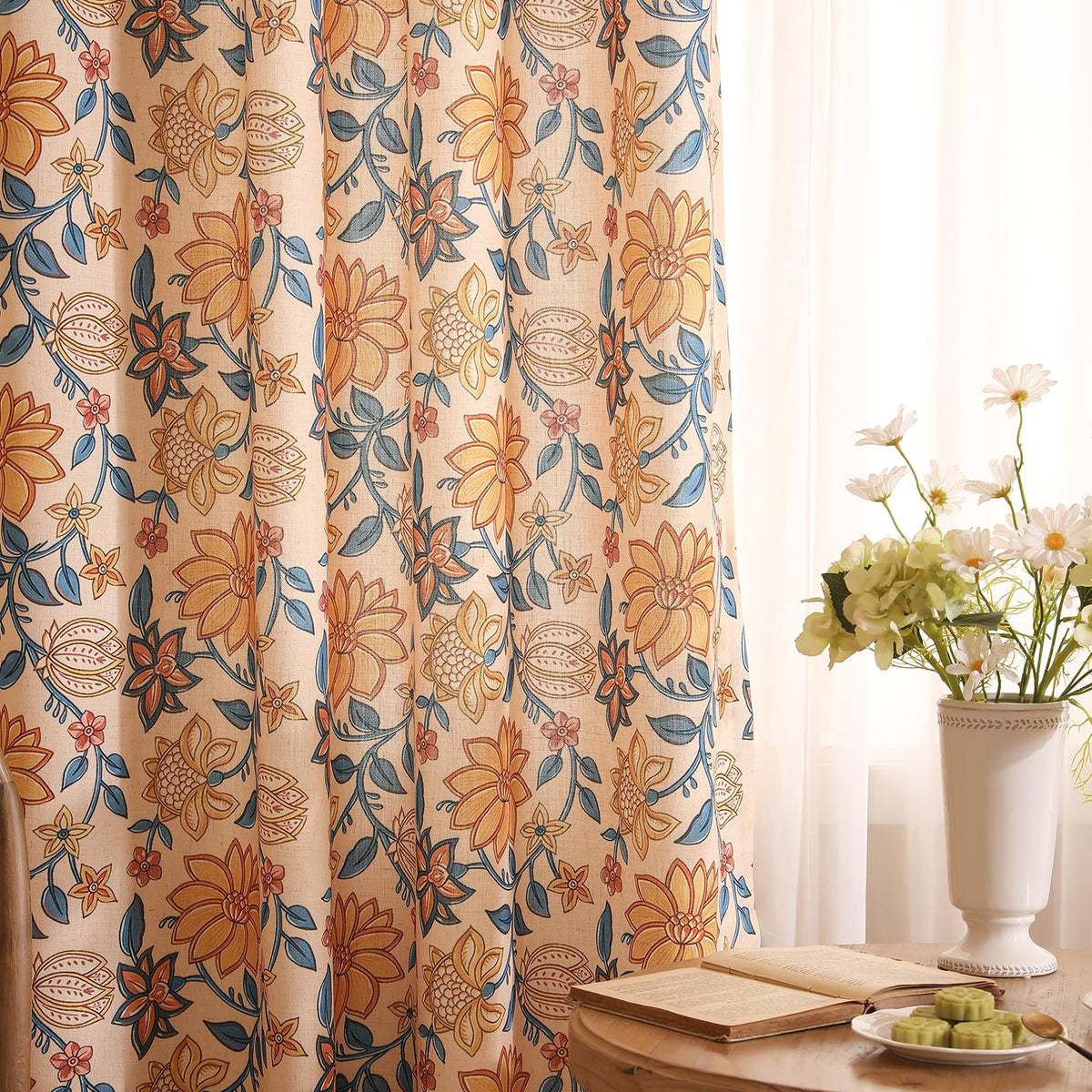 ISAENNE Designer French Linen Printed Curtains,2 Panels,71"x53"-Cornucopi