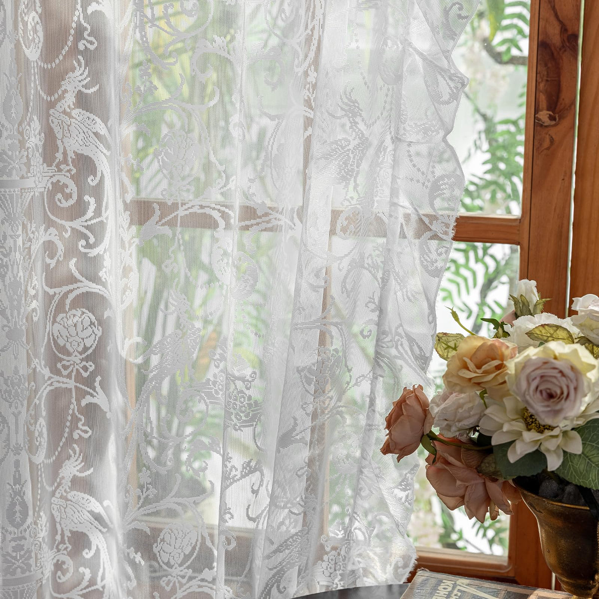 TUDECO Lace Maroon Curtains 96 Inches Long 1 Pair - French Floral Sheer Burgundy Curtains for Living Room, Art Decor Rod Pocket Ruffled Edges Dark Wine Red Drapes, 59 x 96 Inch, Burgundy