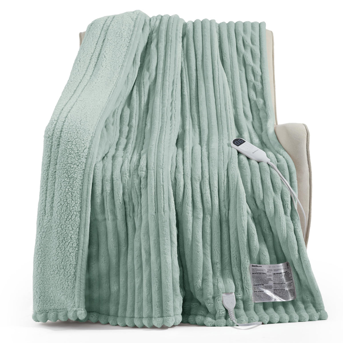 Bedsure Heated Blanket Electric Throw - Thick Striped Fast Heating Electric Blanket with Preheat Function, 6 Heat & 6 Timer (Up to 10H), 8H Auto Off, ETL Certified, Gifts for Women (50"x60", White)