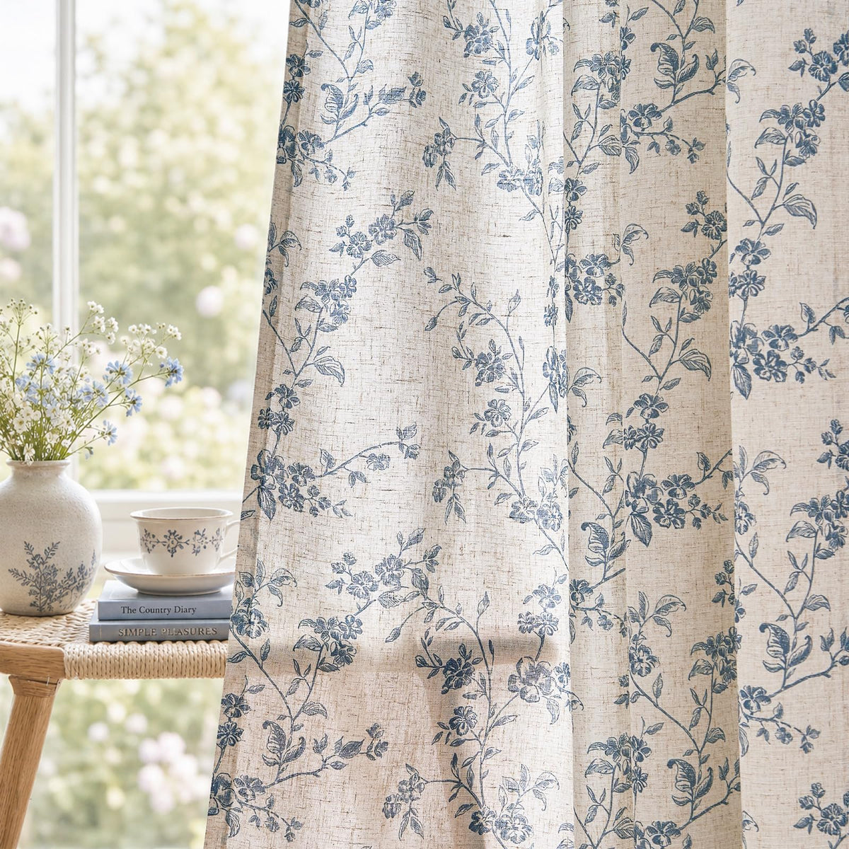 jinchan Taupe Floral Linen Curtains 84 Inch Farmhouse Back Tab 2 Panels