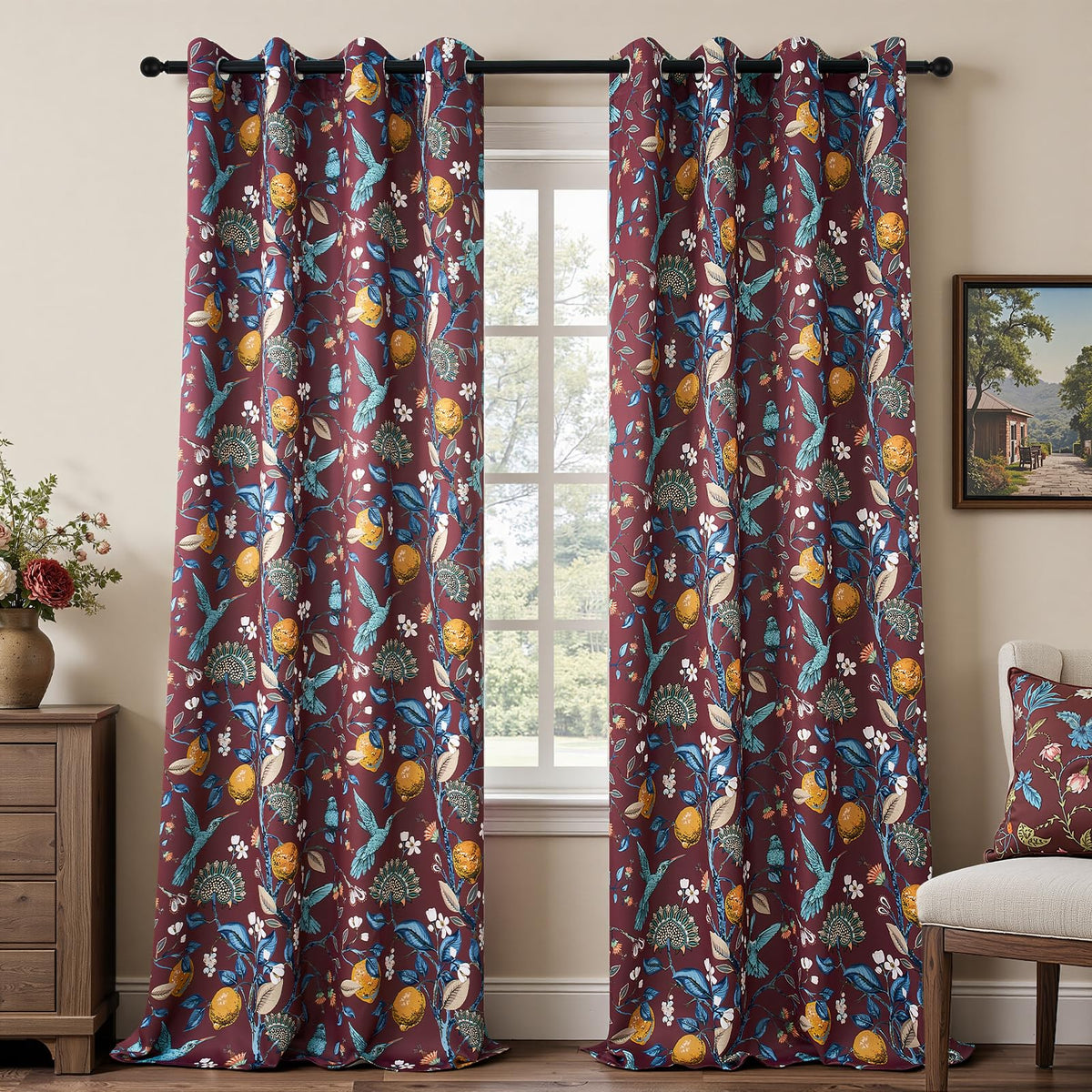 Topfinel Mustard Yellow Vintage Curtains & Drapes 84 Inches Long, Grommet Luxury Whimsical Floral Lemon Hummingbird Patterned Waverly Mid Century Colorful Blackout Drapes for Living Room Bedroom