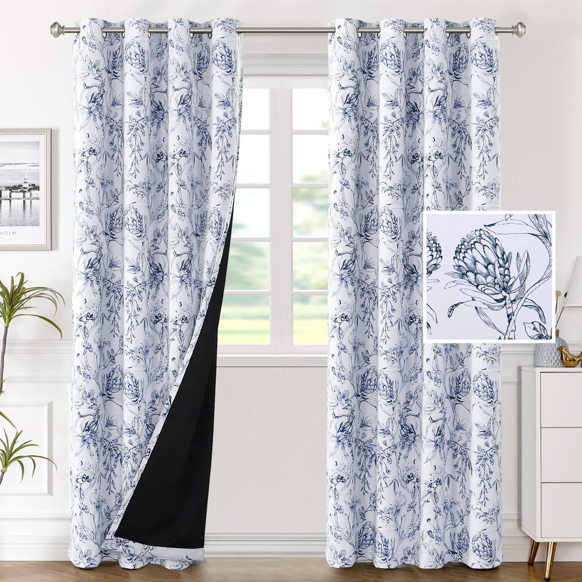 H.VERSAILTEX 100% Blackout Curtains 84 inch Length 2 Panels Set Cattleya Floral Printed Drapes Leah Floral Thermal Curtains for Bedroom with Black Liner Sound Proof Curtains, Grey and Taupe