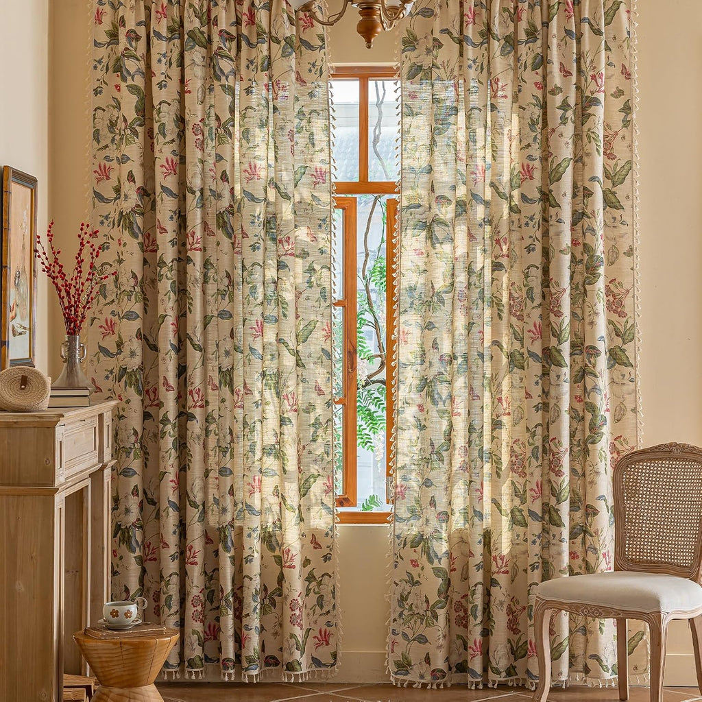 ENJOYBRIDAL Floral Curtains 84 Inch Long Living Room Boho Drapes Bedroom 2 Panels Semi Sheer Floor Length Window Curtain Panels Vintage Rod Pocket Tassel Farmhouse Nursery Window Treatments