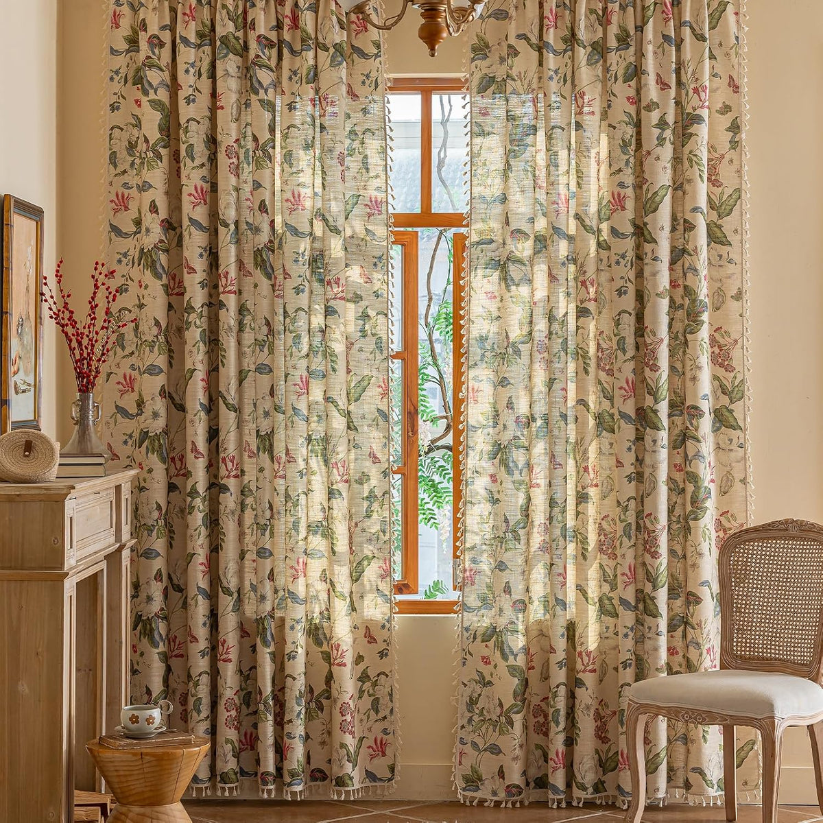 ENJOYBRIDAL Floral Curtains 84 Inch Long Living Room Boho Drapes Bedroom 2 Panels Semi Sheer Floor Length Window Curtain Panels Vintage Rod Pocket Tassel Farmhouse Nursery Window Treatments